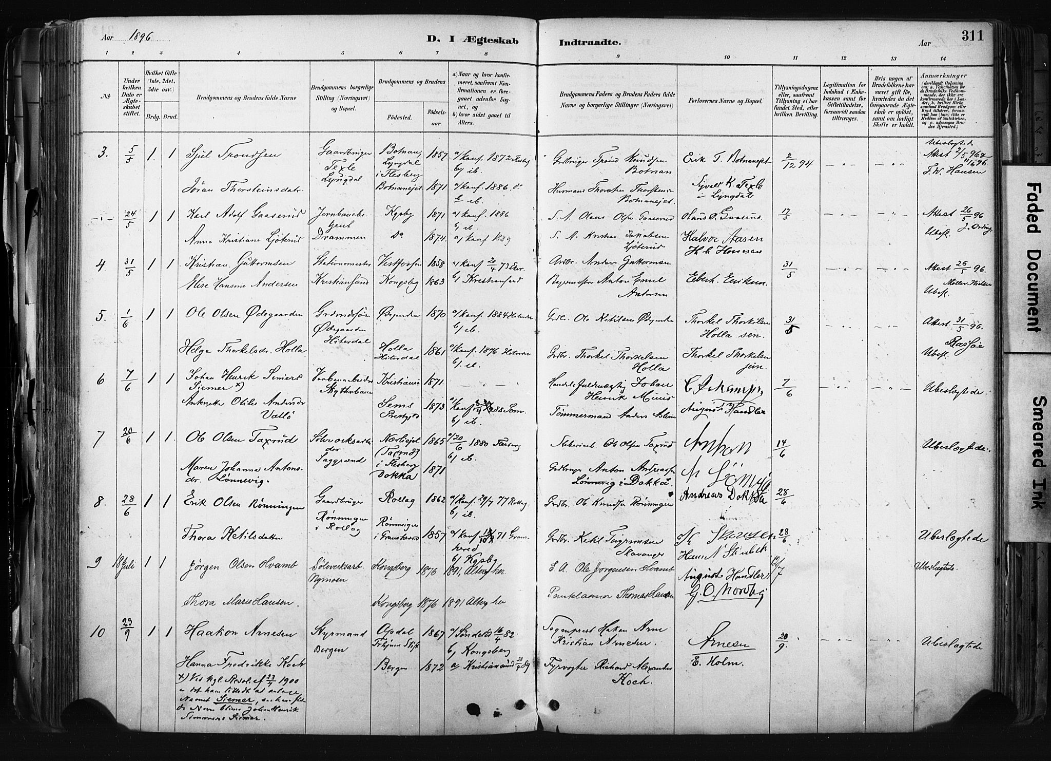 Kongsberg kirkebøker, AV/SAKO-A-22/F/Fb/L0002: Parish register (official) no. II 2, 1886-1896, p. 311