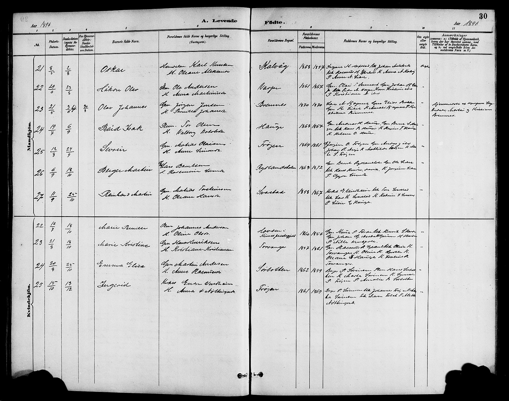 Bremanger sokneprestembete, AV/SAB-A-82201/H/Hab/Haba/L0003: Parish register (copy) no. A 3, 1890-1908, p. 30