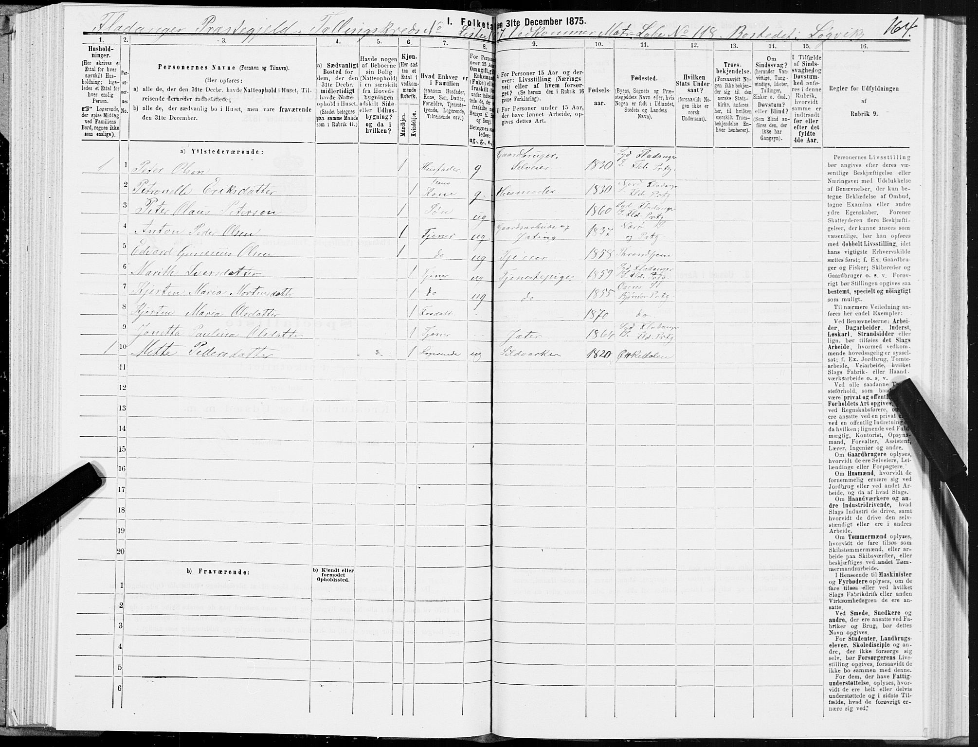 SAT, 1875 census for 1749P Flatanger, 1875, p. 1164