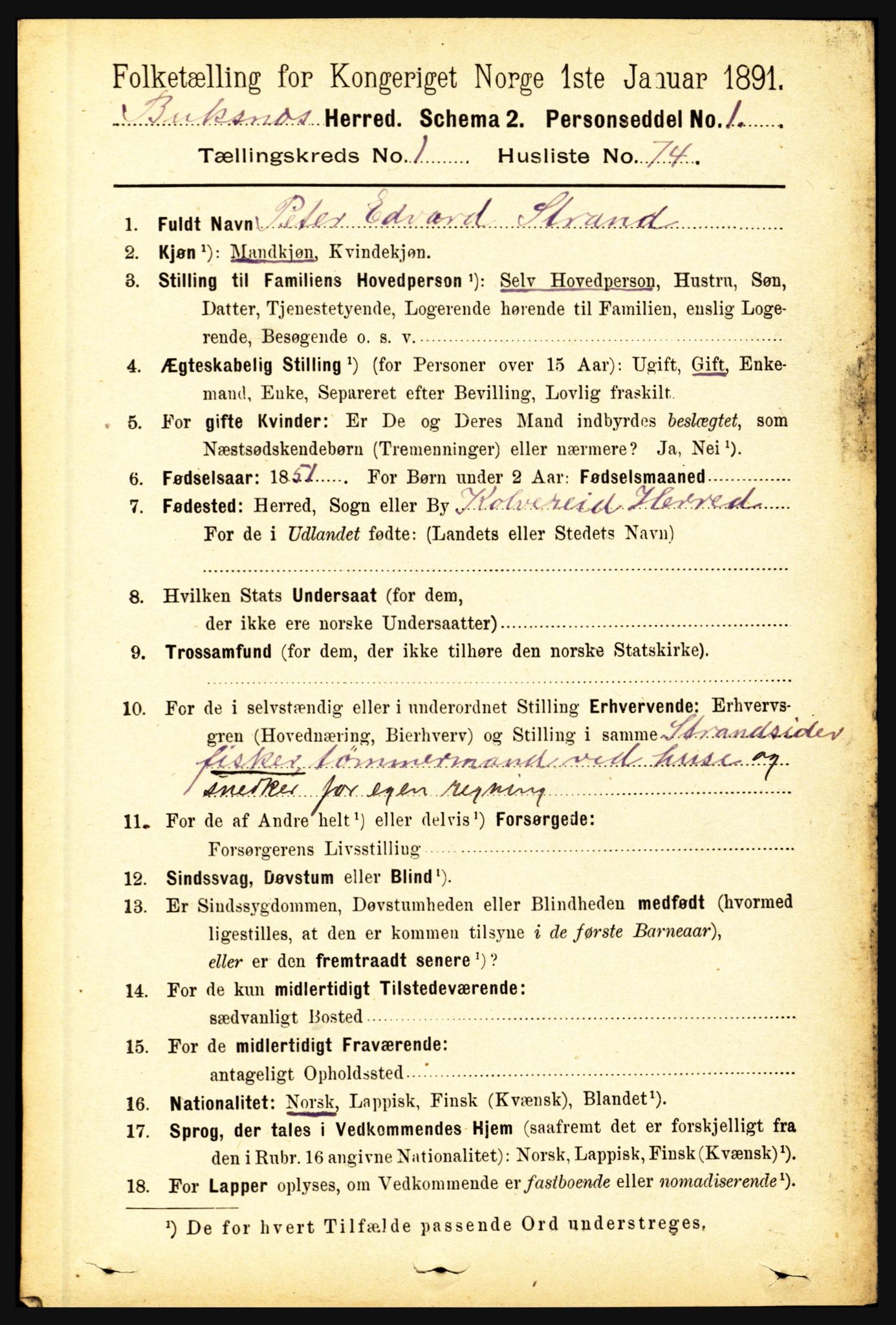 RA, 1891 census for 1860 Buksnes, 1891, p. 743