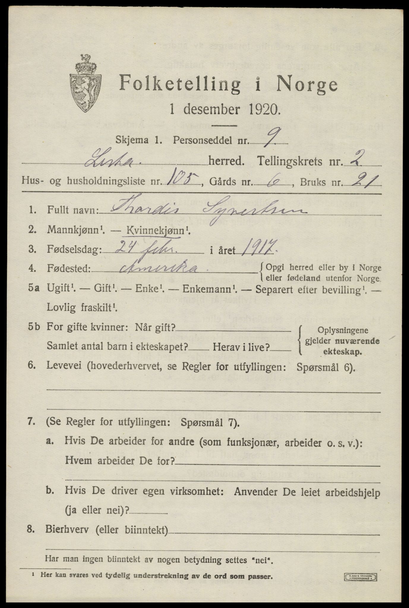 SAK, 1920 census for Lista, 1920, p. 4409