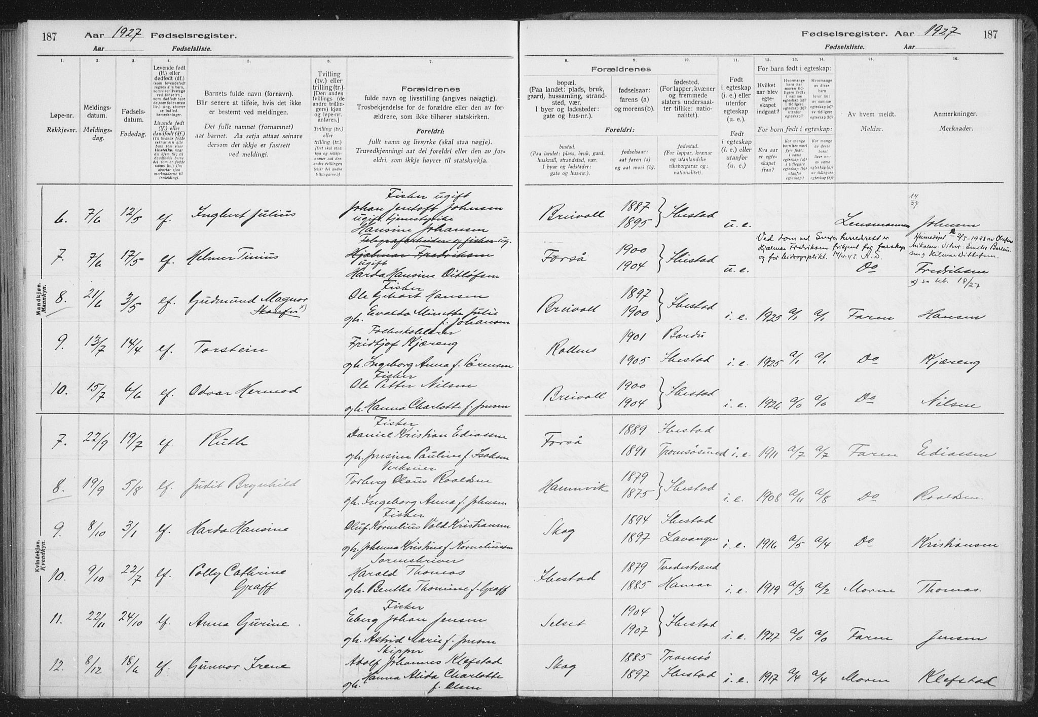 Ibestad sokneprestembete, SATØ/S-0077/I/Ic/L0061: Birth register no. 61, 1917-1929, p. 187