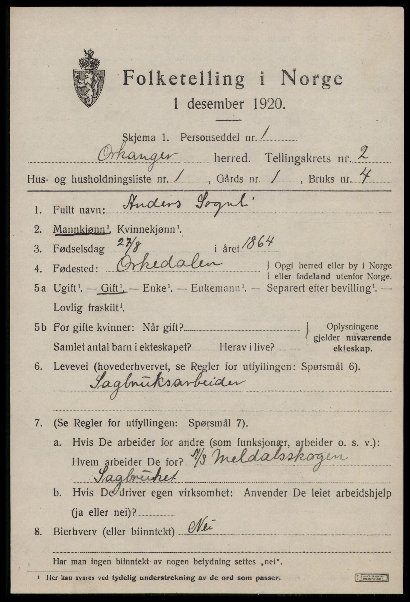 SAT, 1920 census for Orkanger, 1920, p. 1193