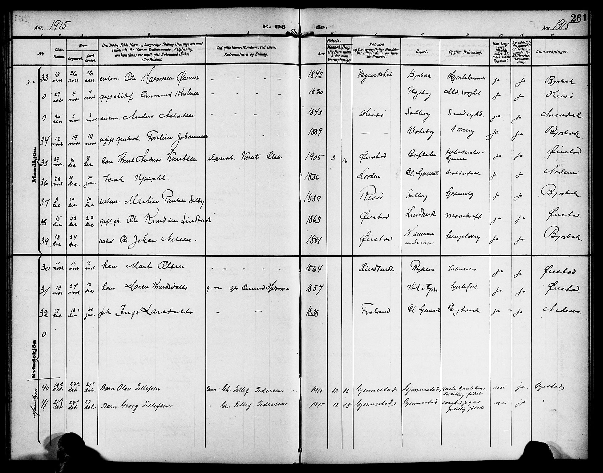 Øyestad sokneprestkontor, SAK/1111-0049/F/Fb/L0011: Parish register (copy) no. B 11, 1906-1918, p. 261