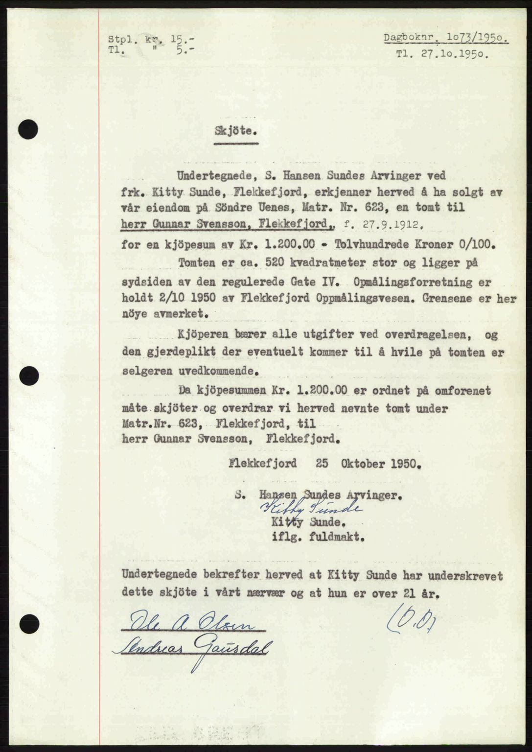 Flekkefjord sorenskriveri, AV/SAK-1221-0001/G/Gb/Gba/L0067: Mortgage book no. A-15, 1950-1950, Diary no: : 1073/1950