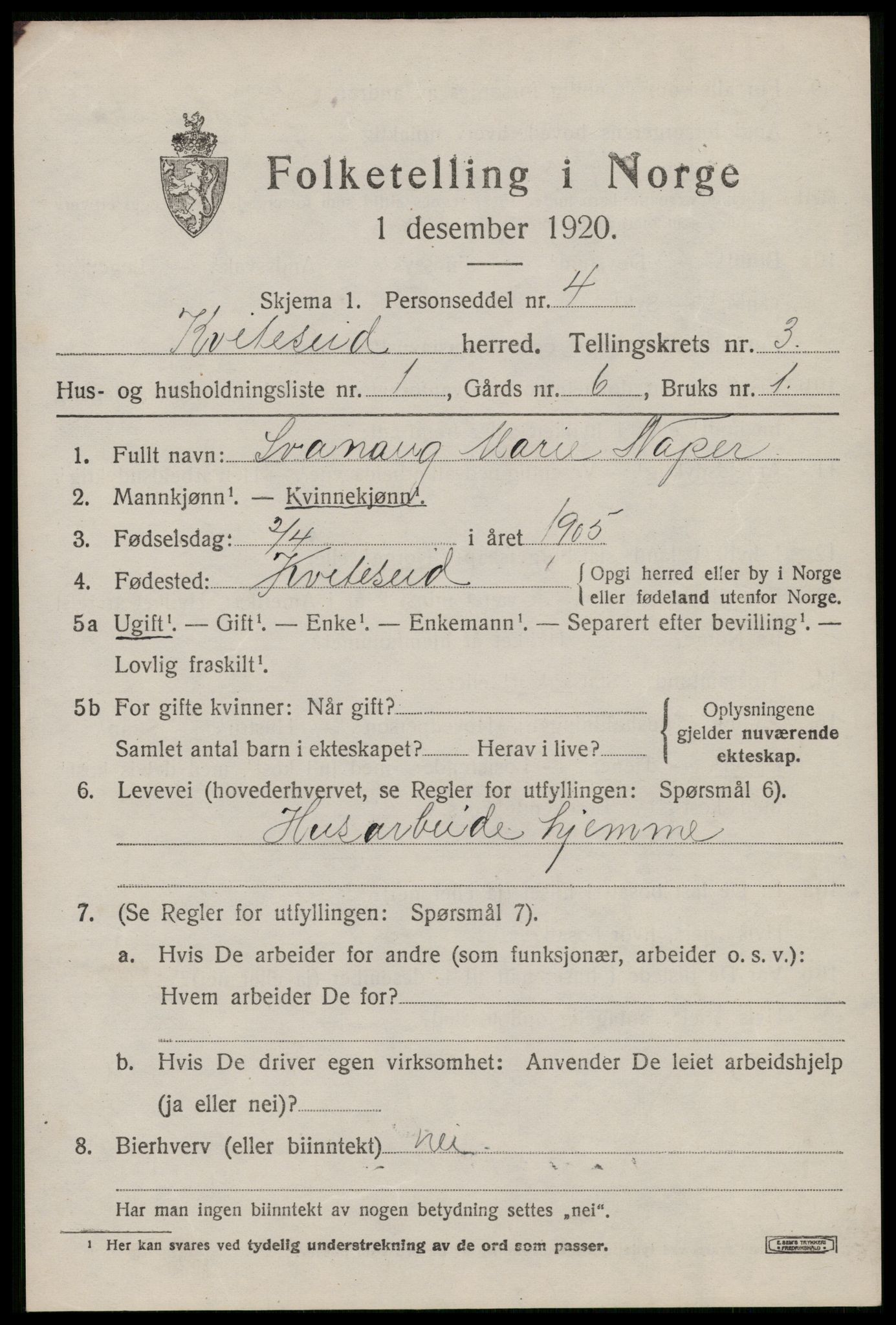 SAKO, 1920 census for Kviteseid, 1920, p. 2395