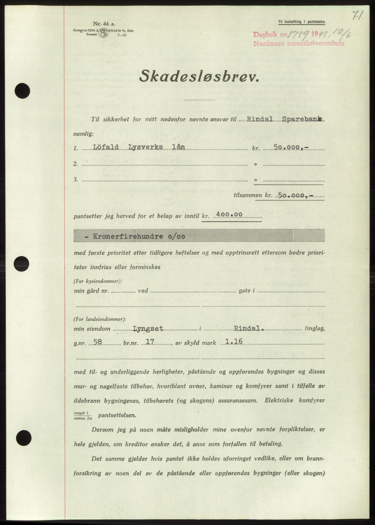 Nordmøre sorenskriveri, AV/SAT-A-4132/1/2/2Ca: Mortgage book no. B99, 1948-1948, Diary no: : 1789/1948