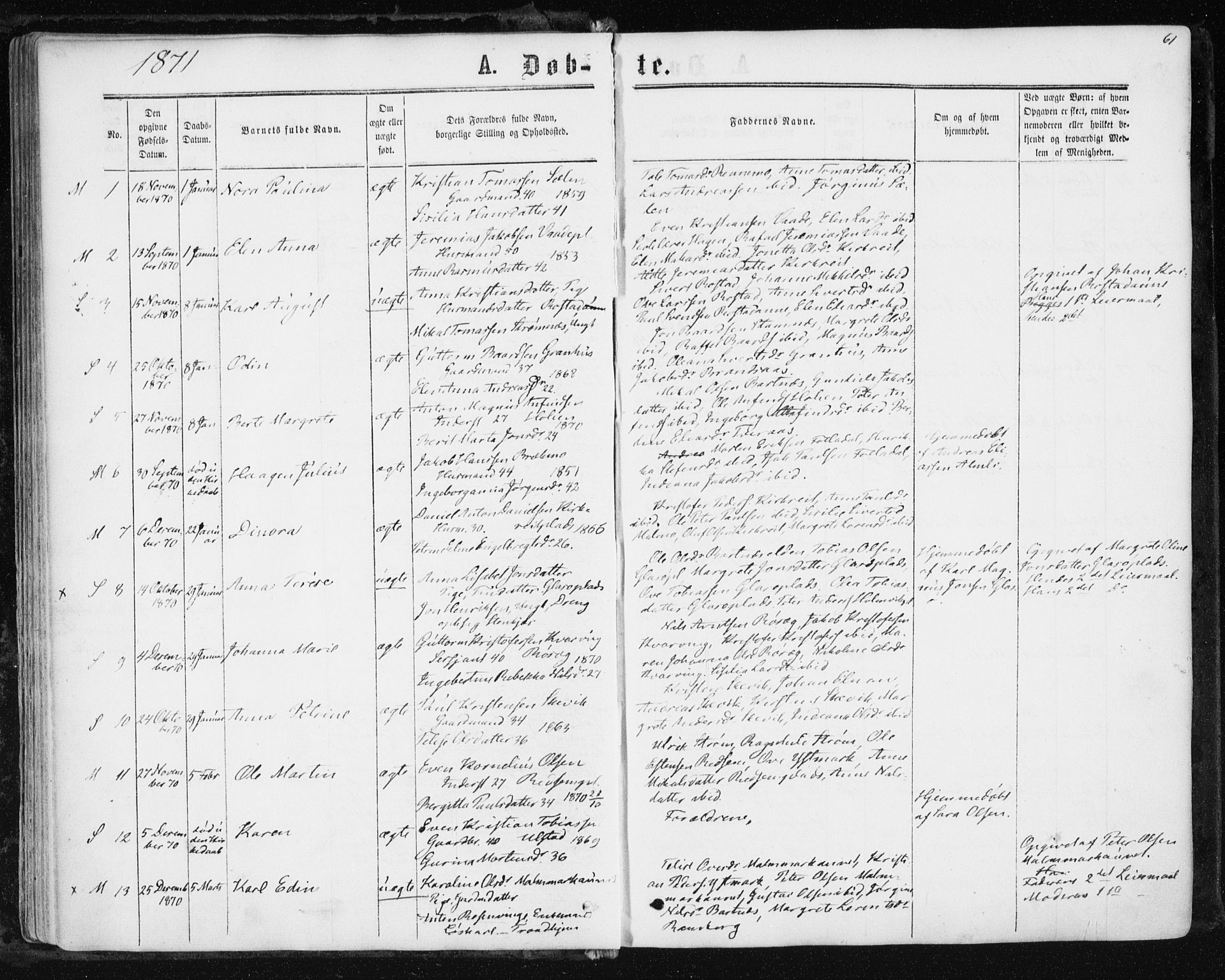 Ministerialprotokoller, klokkerbøker og fødselsregistre - Nord-Trøndelag, SAT/A-1458/741/L0394: Parish register (official) no. 741A08, 1864-1877, p. 61