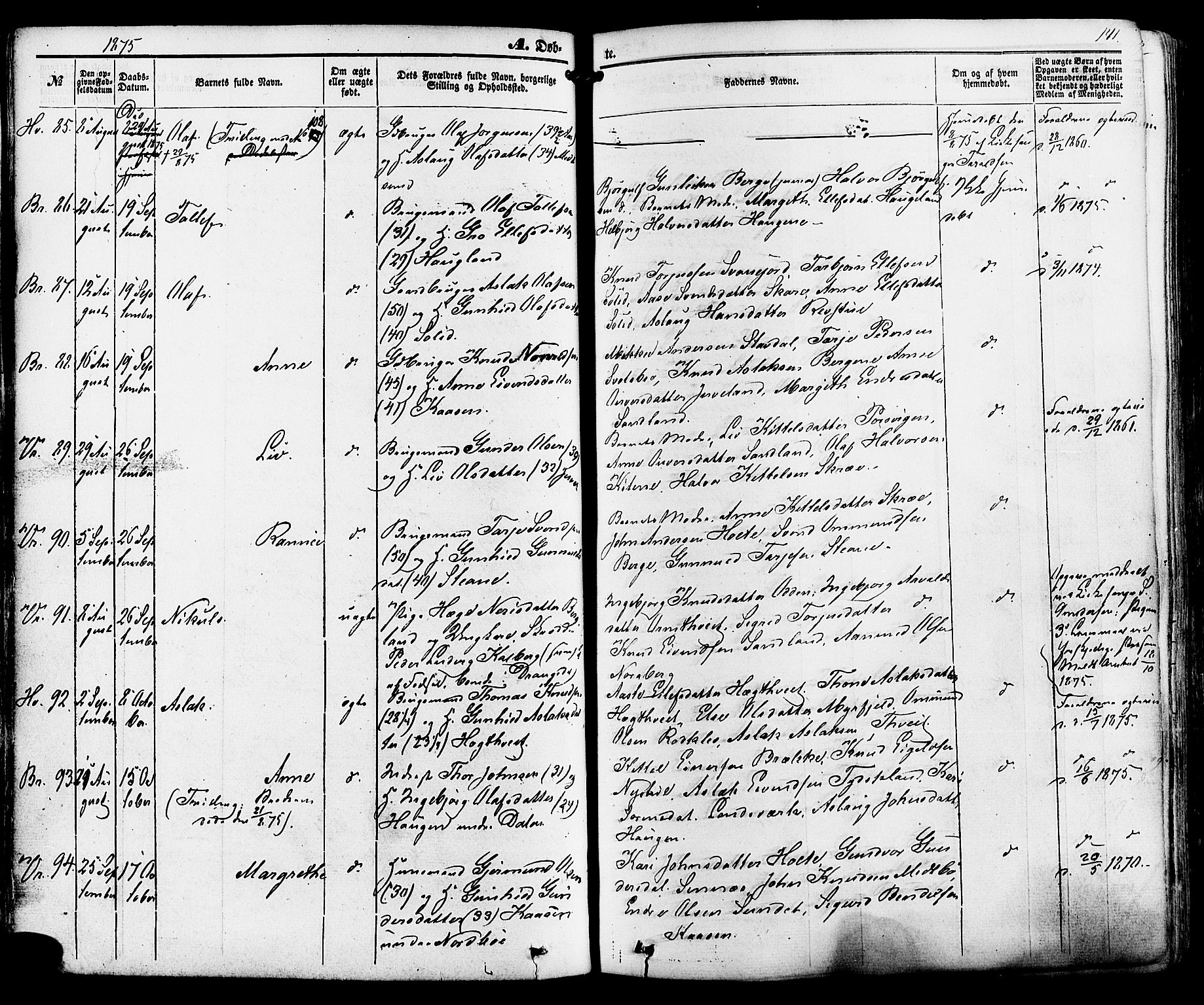 Kviteseid kirkebøker, SAKO/A-276/F/Fa/L0007: Parish register (official) no. I 7, 1859-1881, p. 141