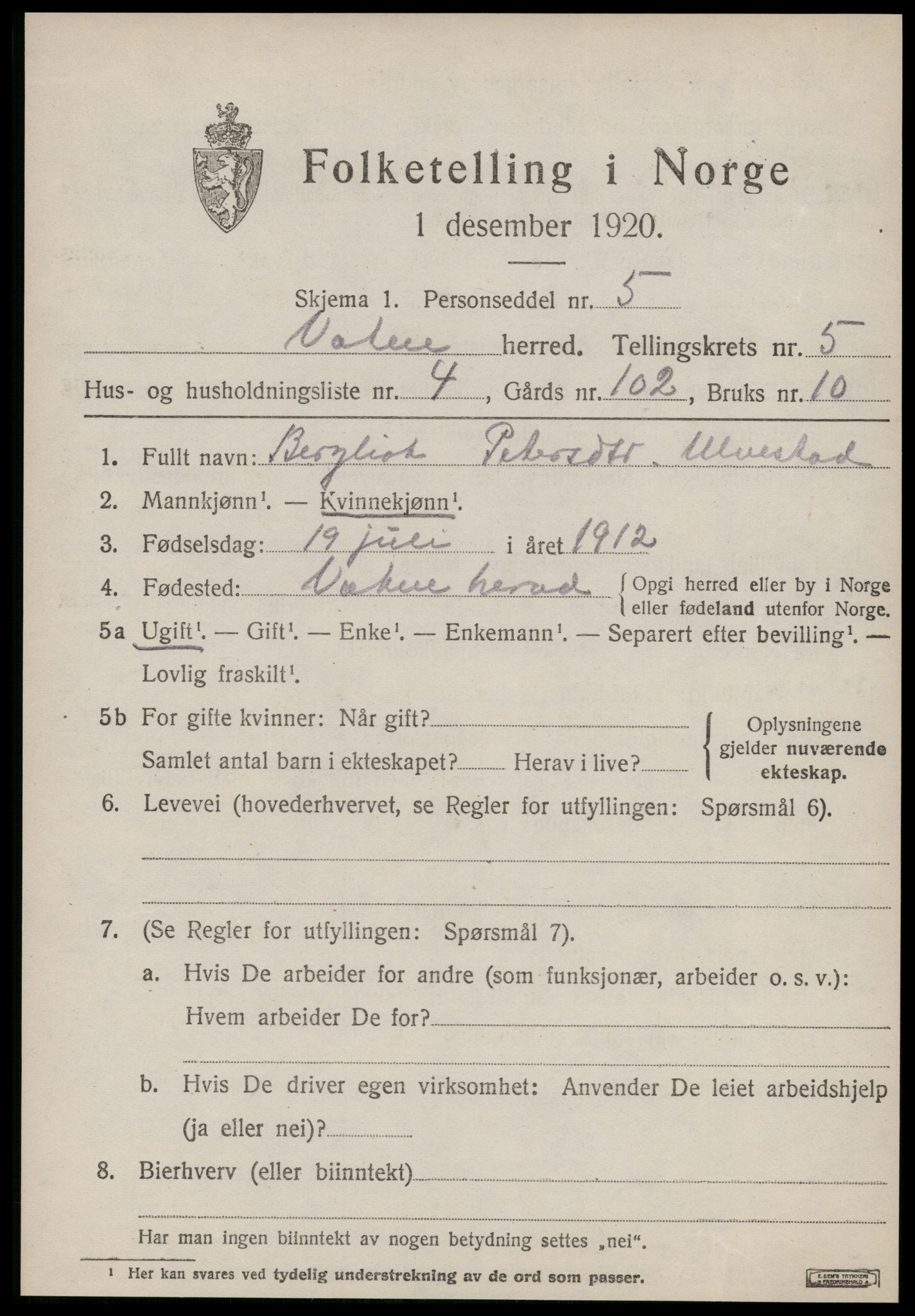 SAT, 1920 census for Vatne, 1920, p. 2200