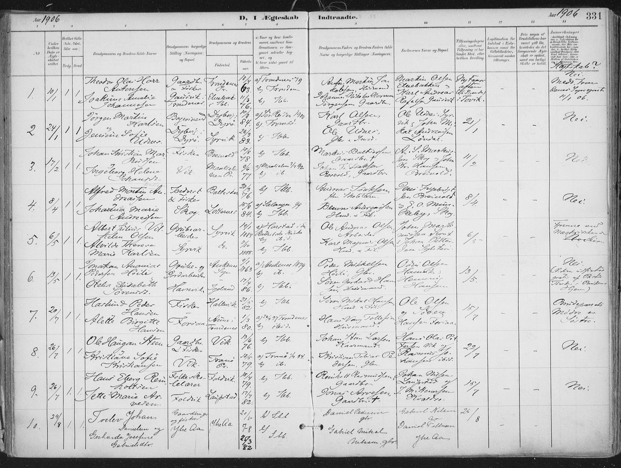 Ibestad sokneprestembete, SATØ/S-0077/H/Ha/Haa/L0017kirke: Parish register (official) no. 17, 1901-1914, p. 331