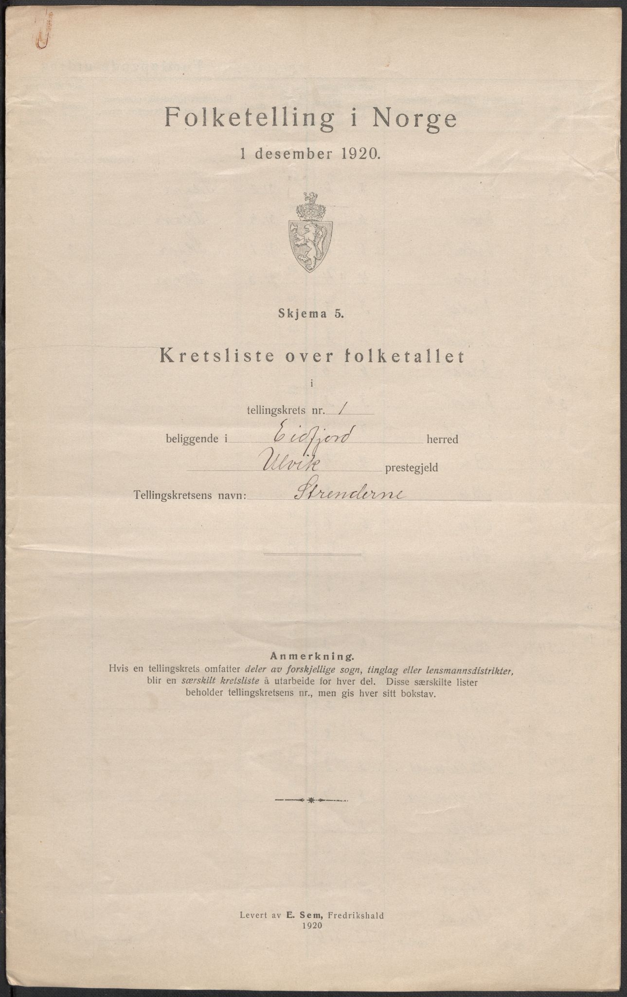 SAB, 1920 census for Eidfjord, 1920, p. 5