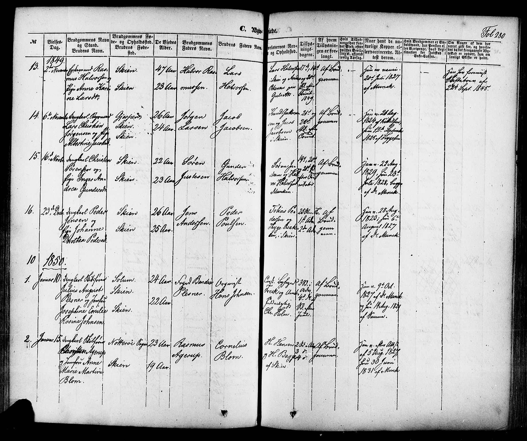 Skien kirkebøker, SAKO/A-302/F/Fa/L0006a: Parish register (official) no. 6A, 1843-1856, p. 280