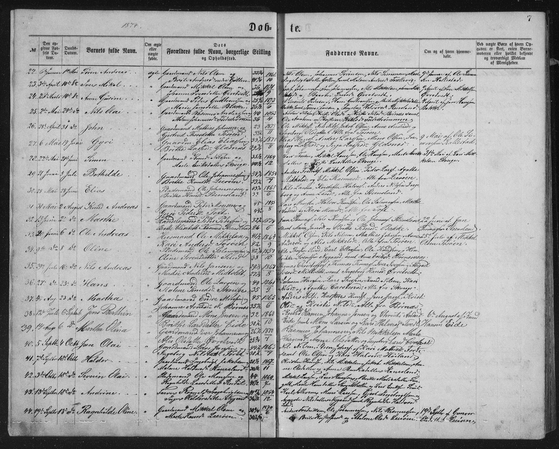 Sund sokneprestembete, AV/SAB-A-99930: Parish register (copy) no. B 2, 1874-1881, p. 7