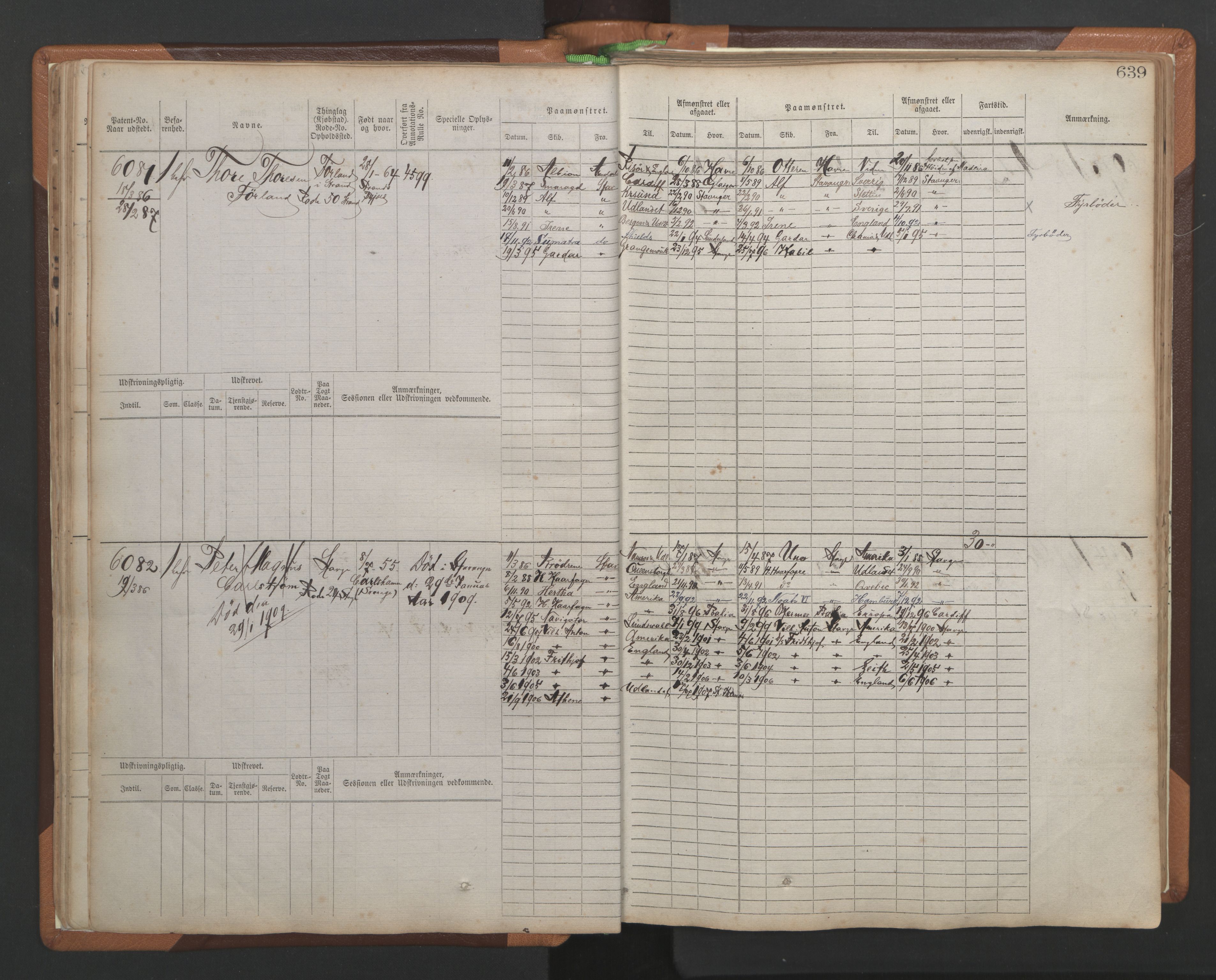 Stavanger sjømannskontor, AV/SAST-A-102006/F/Fb/Fbb/L0010: Sjøfartshovedrulle, patentnr. 6007-6606 (del 1), 1887-1896, p. 43