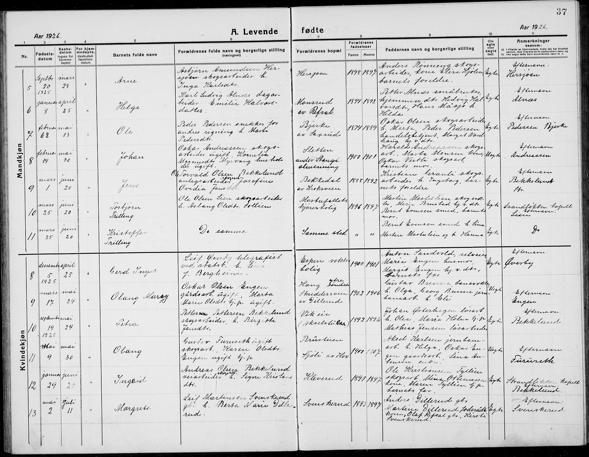 Stange prestekontor, AV/SAH-PREST-002/L/L0017: Parish register (copy) no. 17, 1918-1936, p. 37