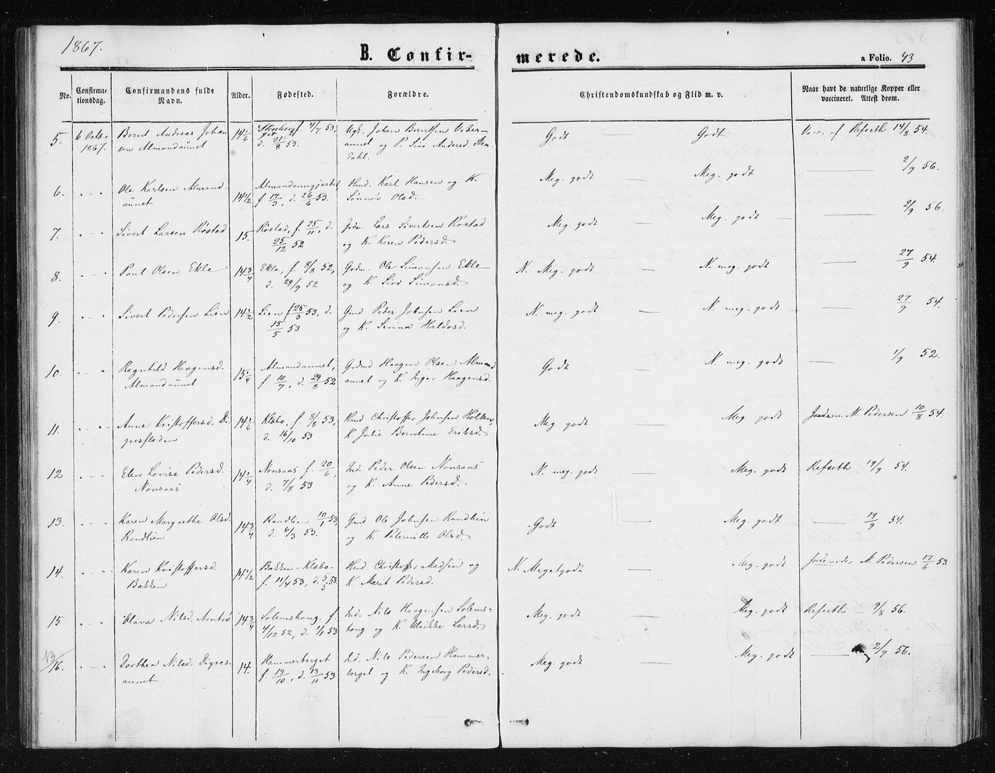 Ministerialprotokoller, klokkerbøker og fødselsregistre - Sør-Trøndelag, SAT/A-1456/608/L0333: Parish register (official) no. 608A02, 1862-1876, p. 43