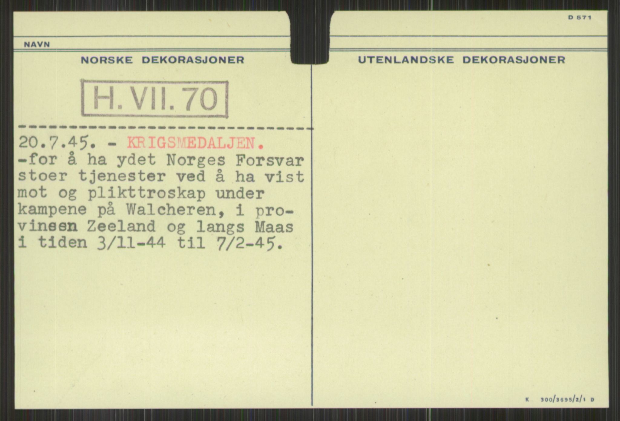 Forsvaret, Krigsdekorasjonskanselliet, AV/RA-RAFA-5156/G/Gd/L0001: Diverse registre, 1944-1956, p. 249