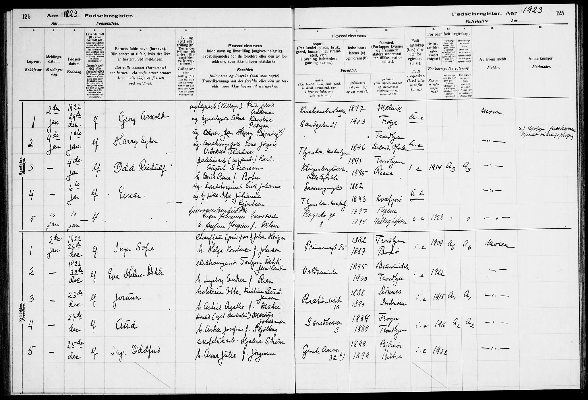 Ministerialprotokoller, klokkerbøker og fødselsregistre - Sør-Trøndelag, SAT/A-1456/600/L0003: Birth register no. 600.II.4.2, 1920-1924, p. 125
