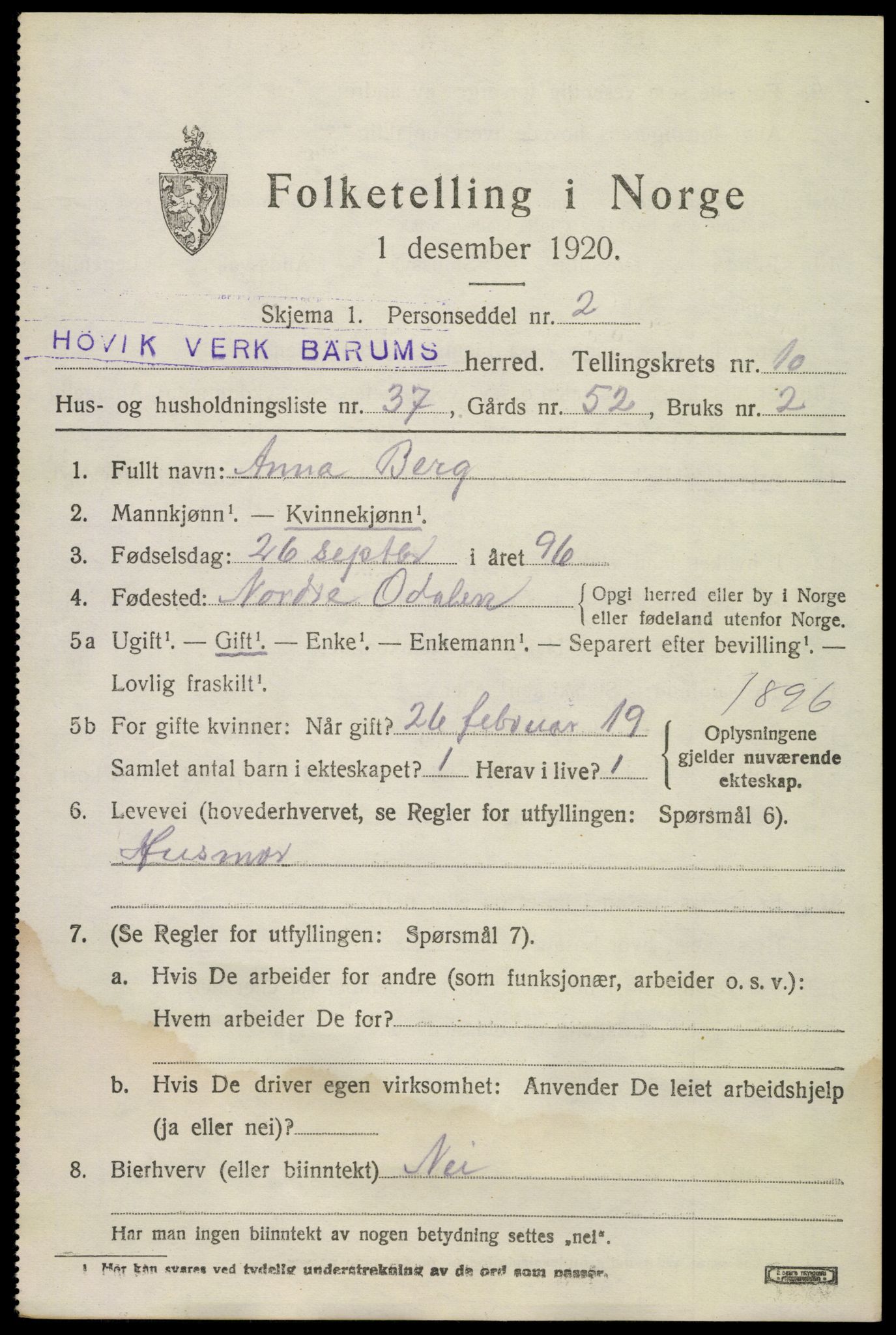 SAO, 1920 census for Bærum, 1920, p. 24422