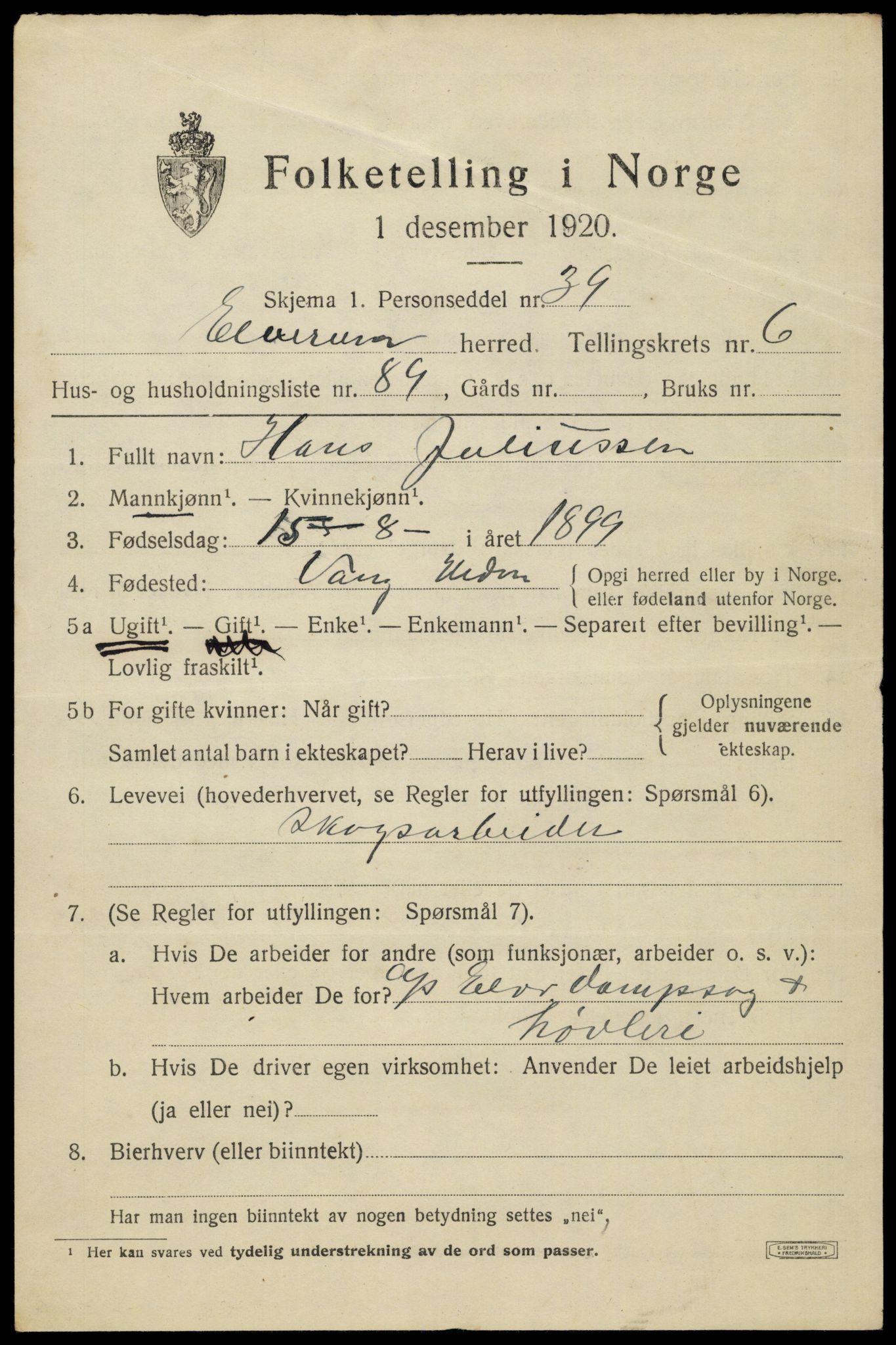 SAH, 1920 census for Elverum, 1920, p. 10936