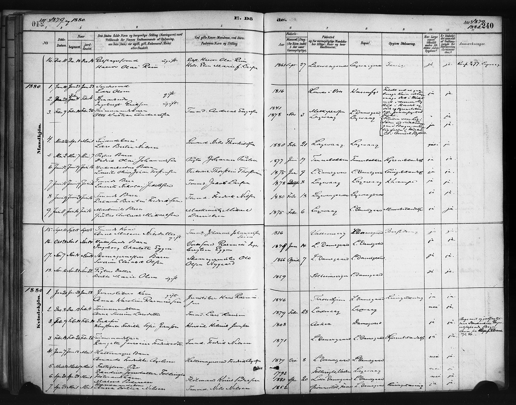 Askøy Sokneprestembete, SAB/A-74101/H/Ha/Haa/Haae/L0002: Parish register (official) no. E 2, 1878-1891, p. 240