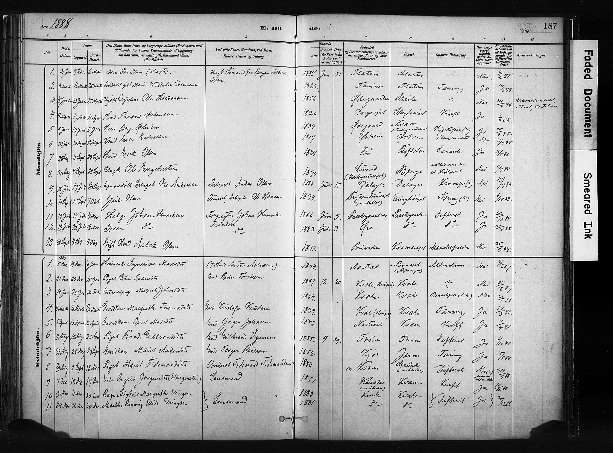 Vang prestekontor, Valdres, SAH/PREST-140/H/Ha/L0008: Parish register (official) no. 8, 1882-1910, p. 187