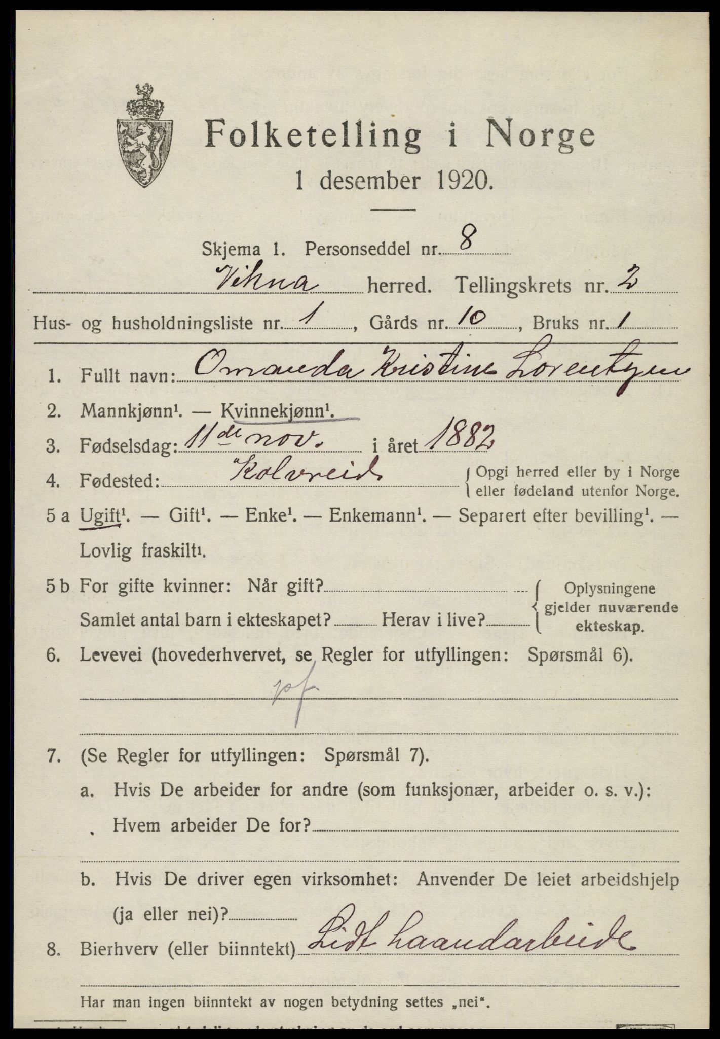 SAT, 1920 census for Vikna, 1920, p. 1569