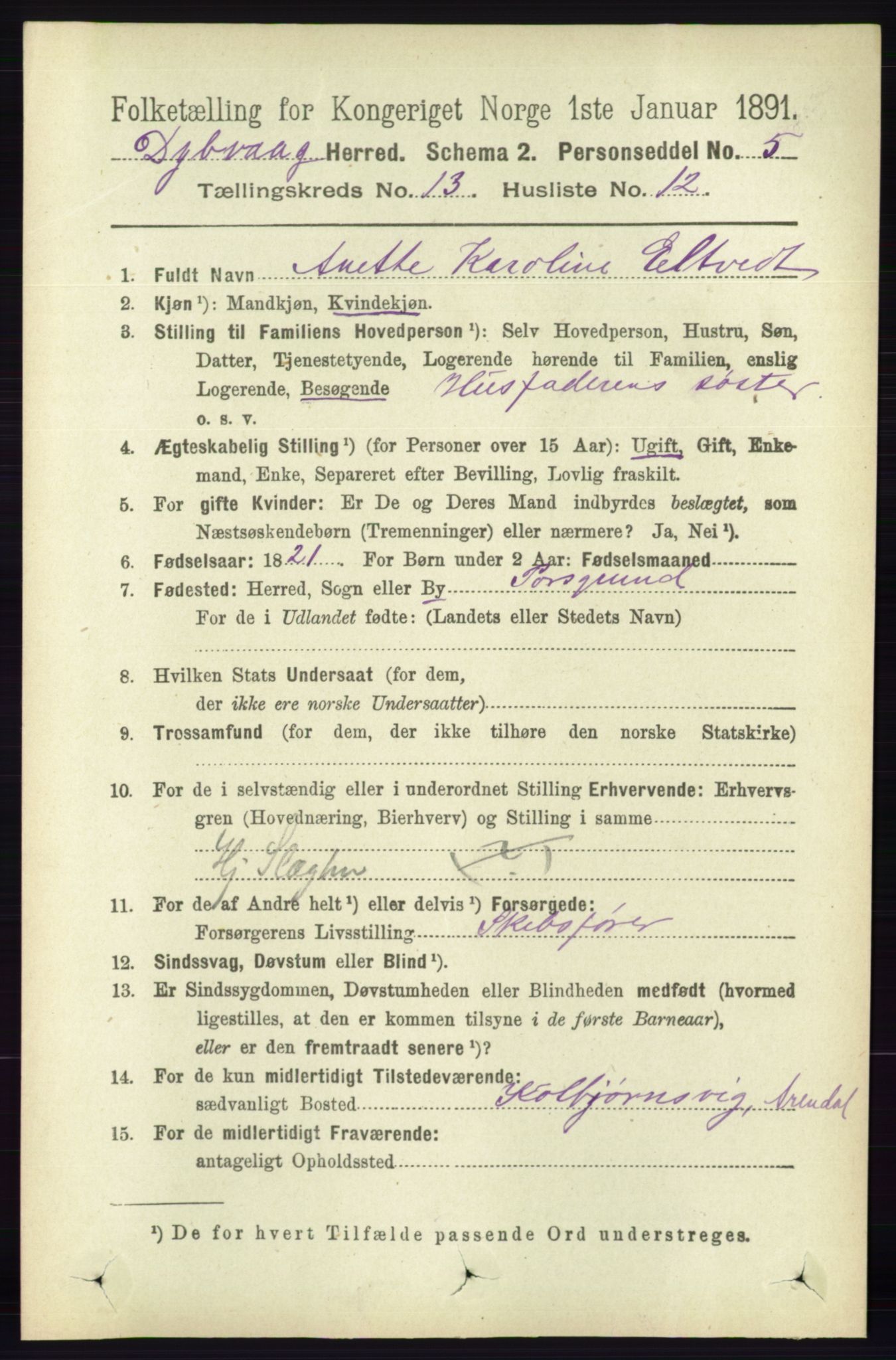 RA, 1891 census for 0915 Dypvåg, 1891, p. 5365