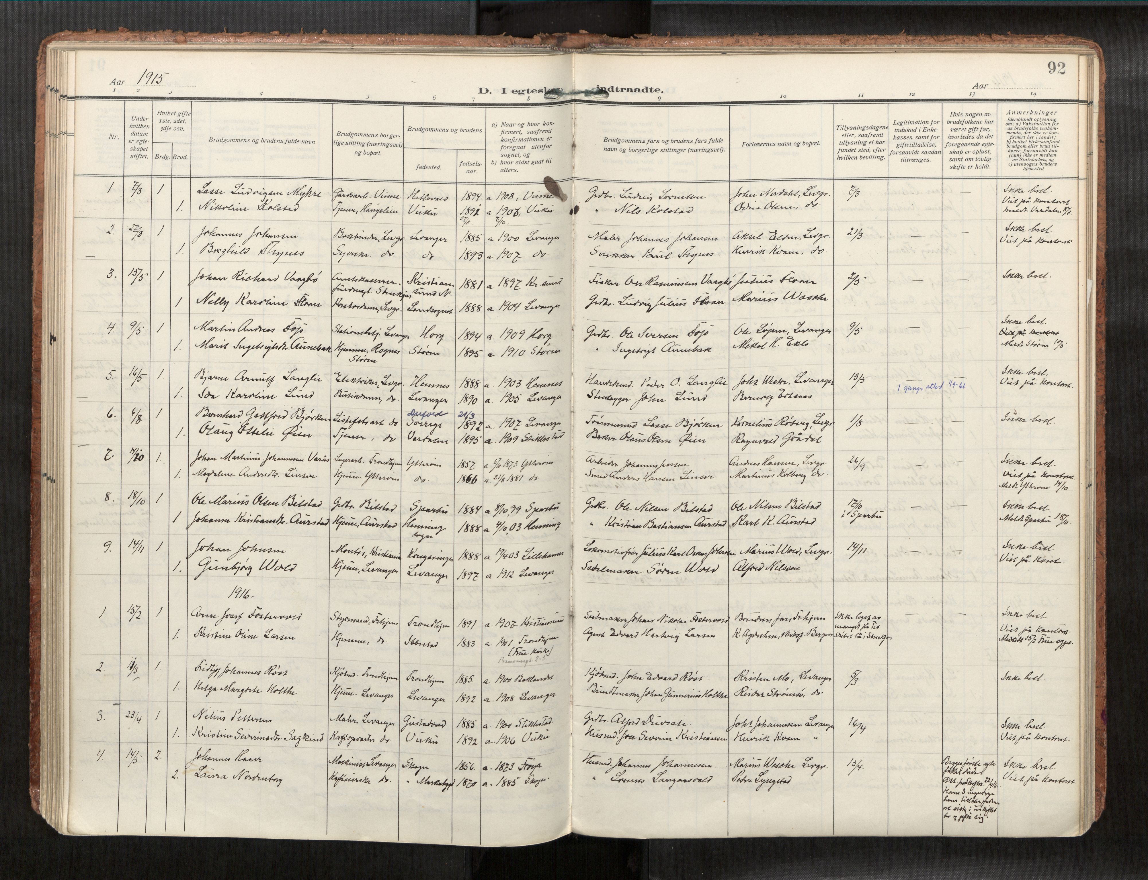 Levanger sokneprestkontor, SAT/A-1301/2/H/Haa/L0001: Parish register (official) no. 1, 1912-1932, p. 92