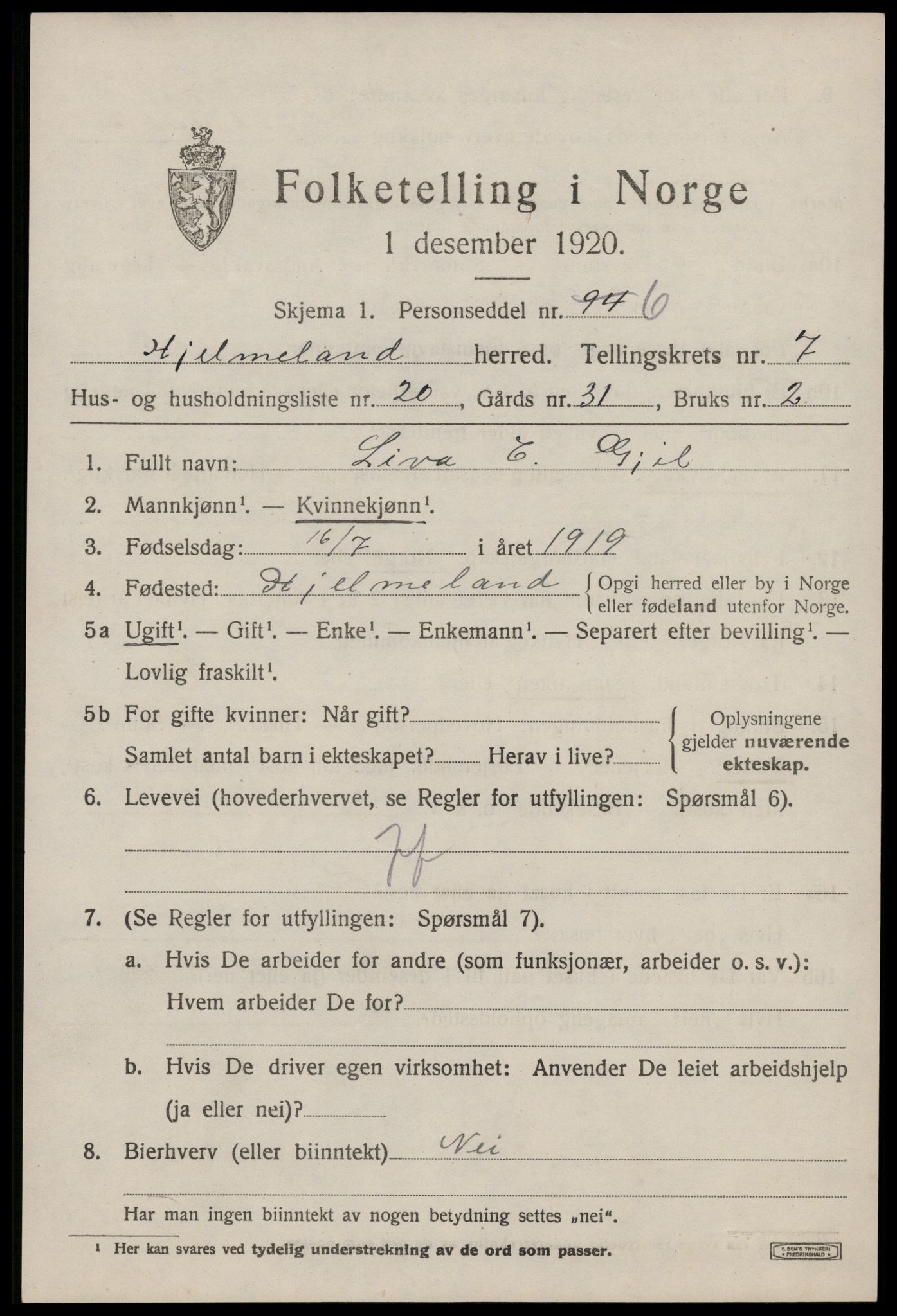 SAST, 1920 census for Hjelmeland, 1920, p. 2445