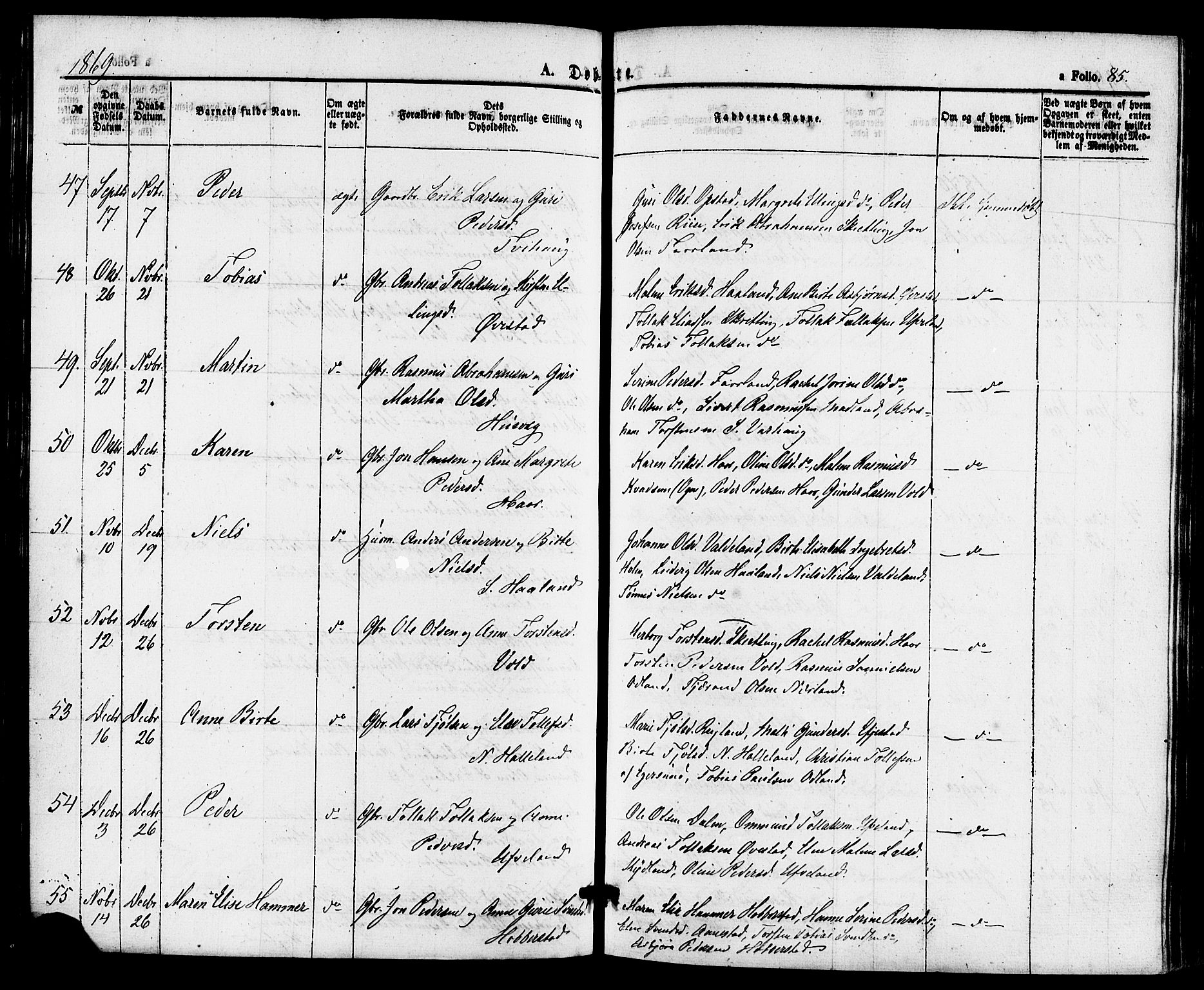 Hå sokneprestkontor, AV/SAST-A-101801/001/30BA/L0009: Parish register (official) no. A 8, 1855-1878, p. 85