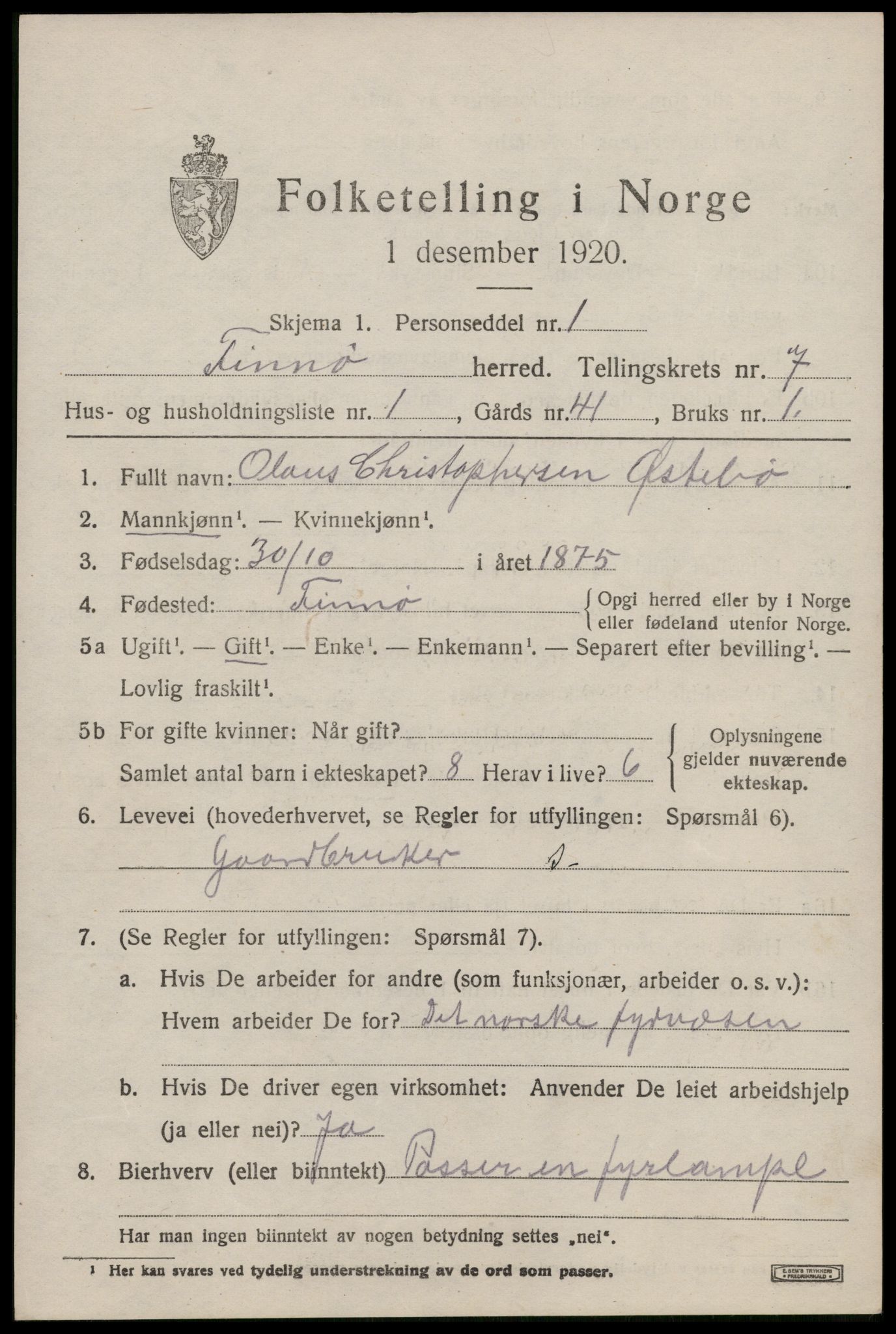 SAST, 1920 census for Finnøy, 1920, p. 3530