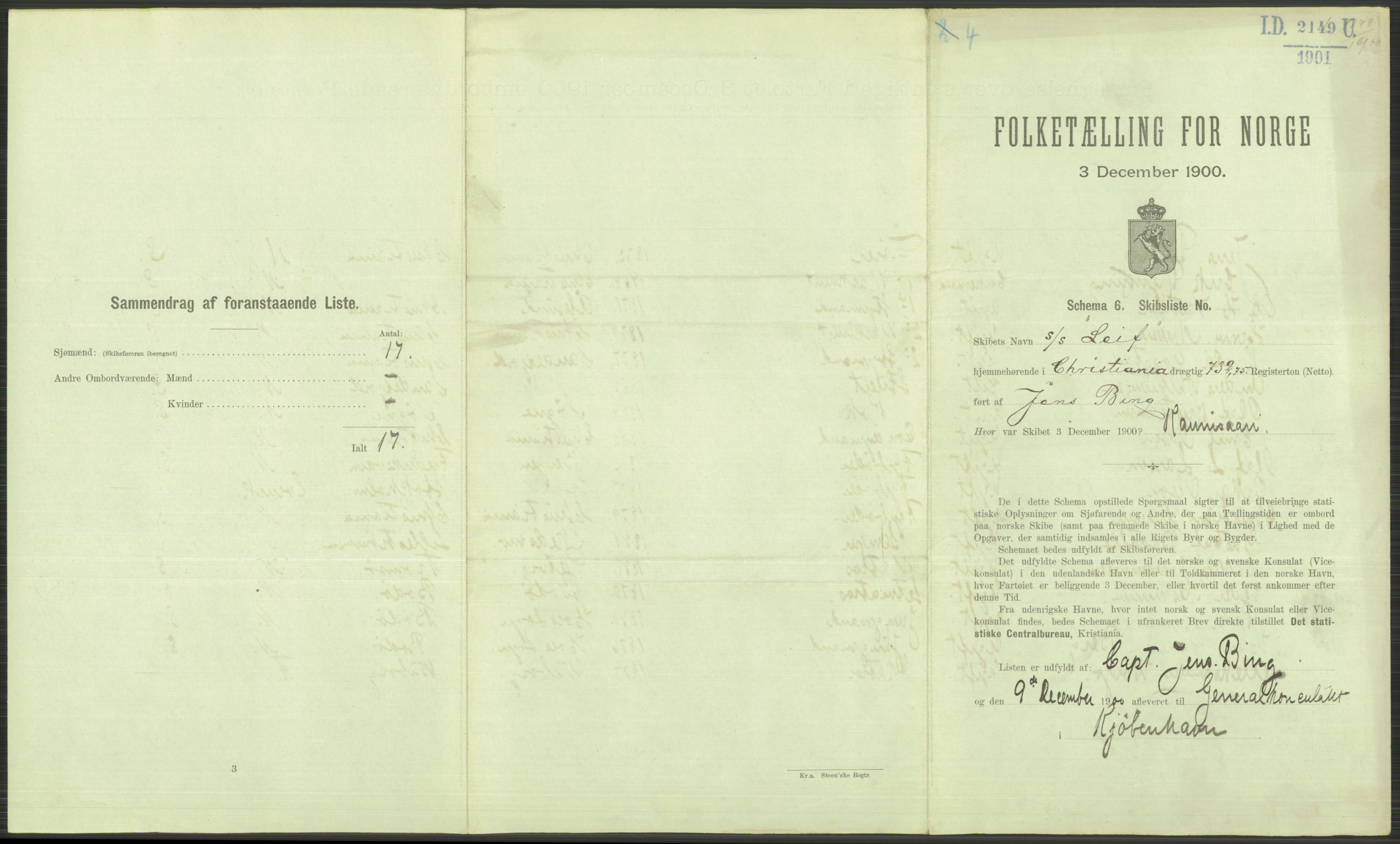 RA, 1900 Census - ship lists from ships in Norwegian harbours, harbours abroad and at sea, 1900, p. 3659