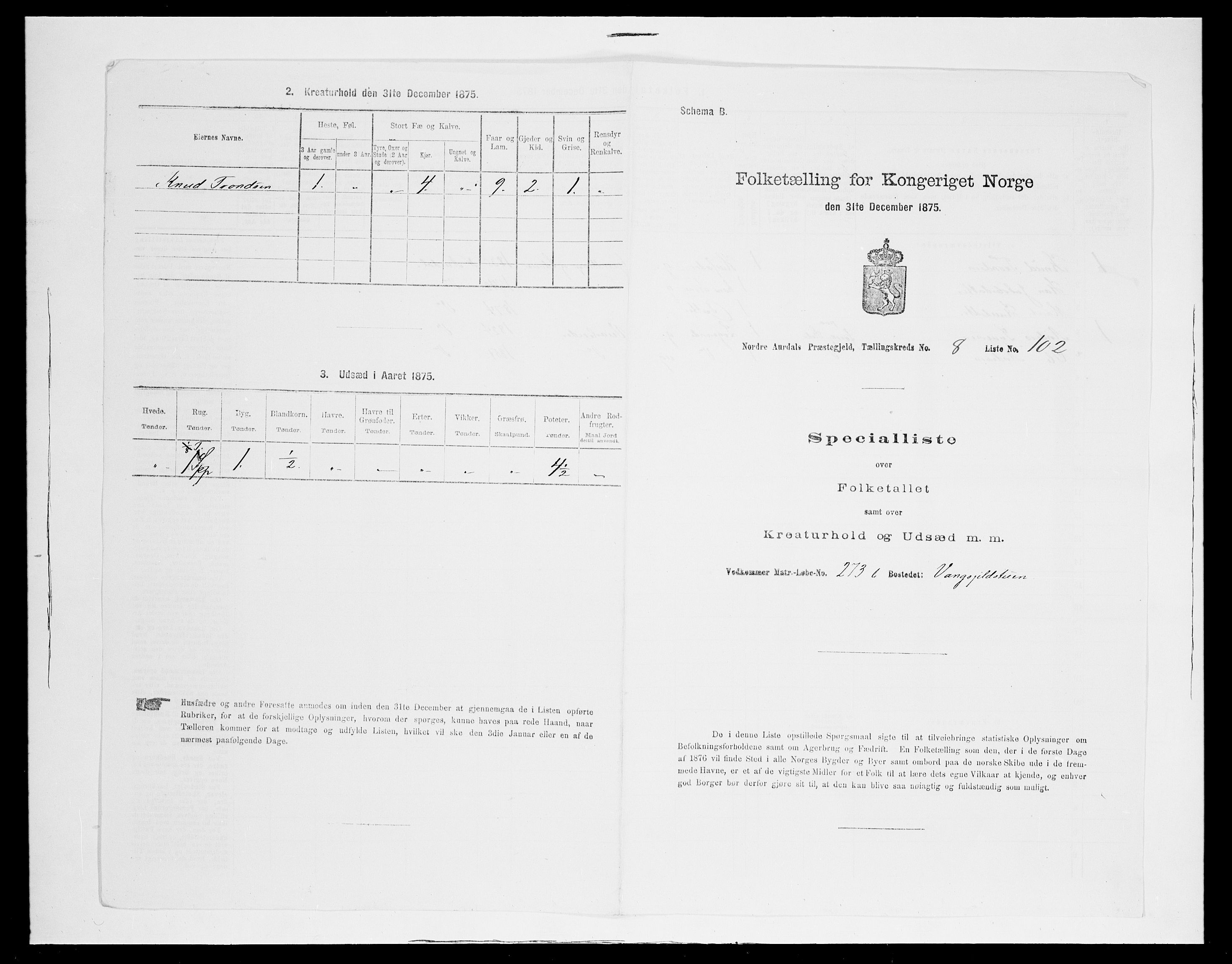 SAH, 1875 census for 0542P Nord-Aurdal, 1875, p. 1483