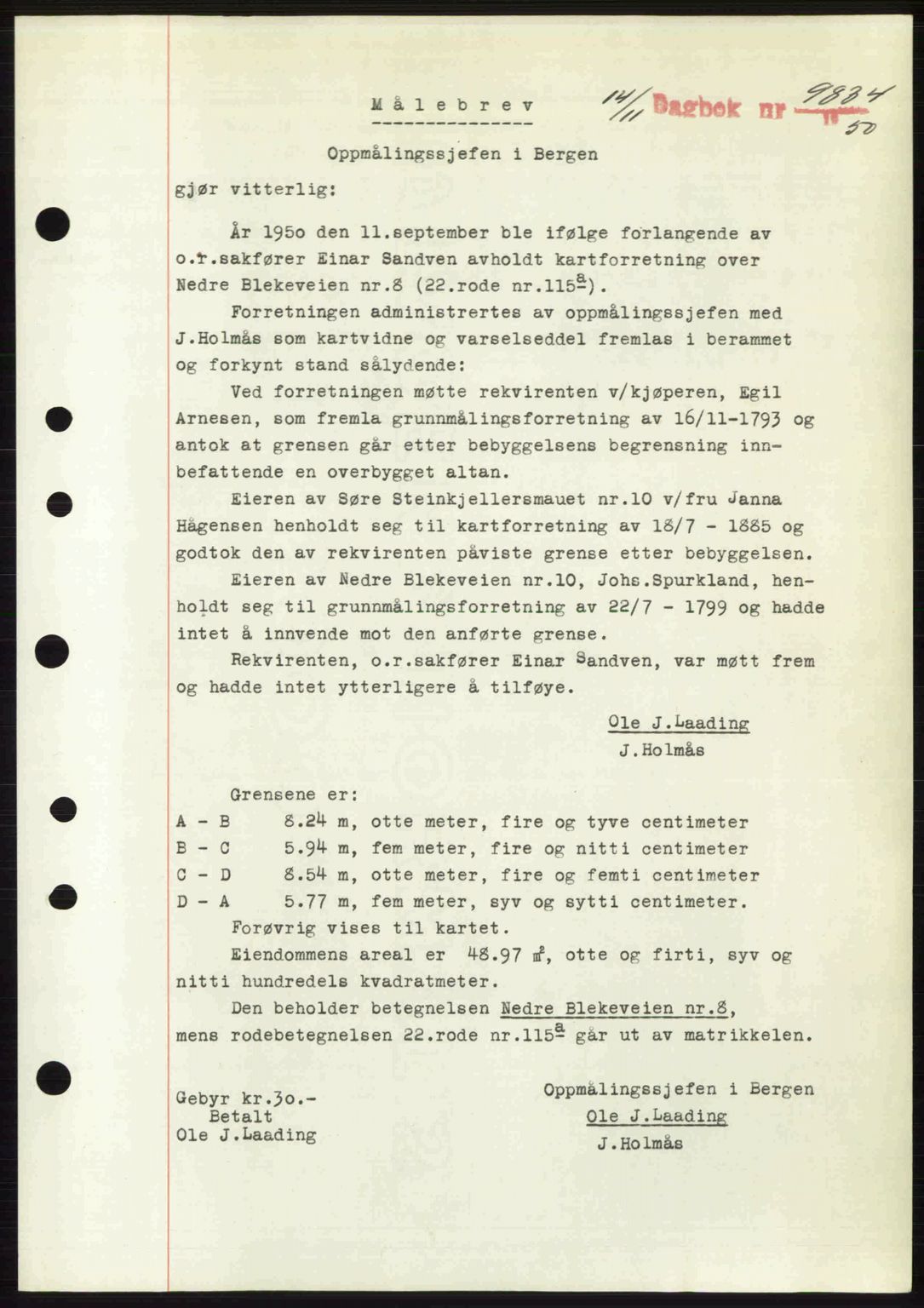 Byfogd og Byskriver i Bergen, SAB/A-3401/03/03Bc/L0034: Mortgage book no. A27-28, 1950-1950, Diary no: : 9834/1950