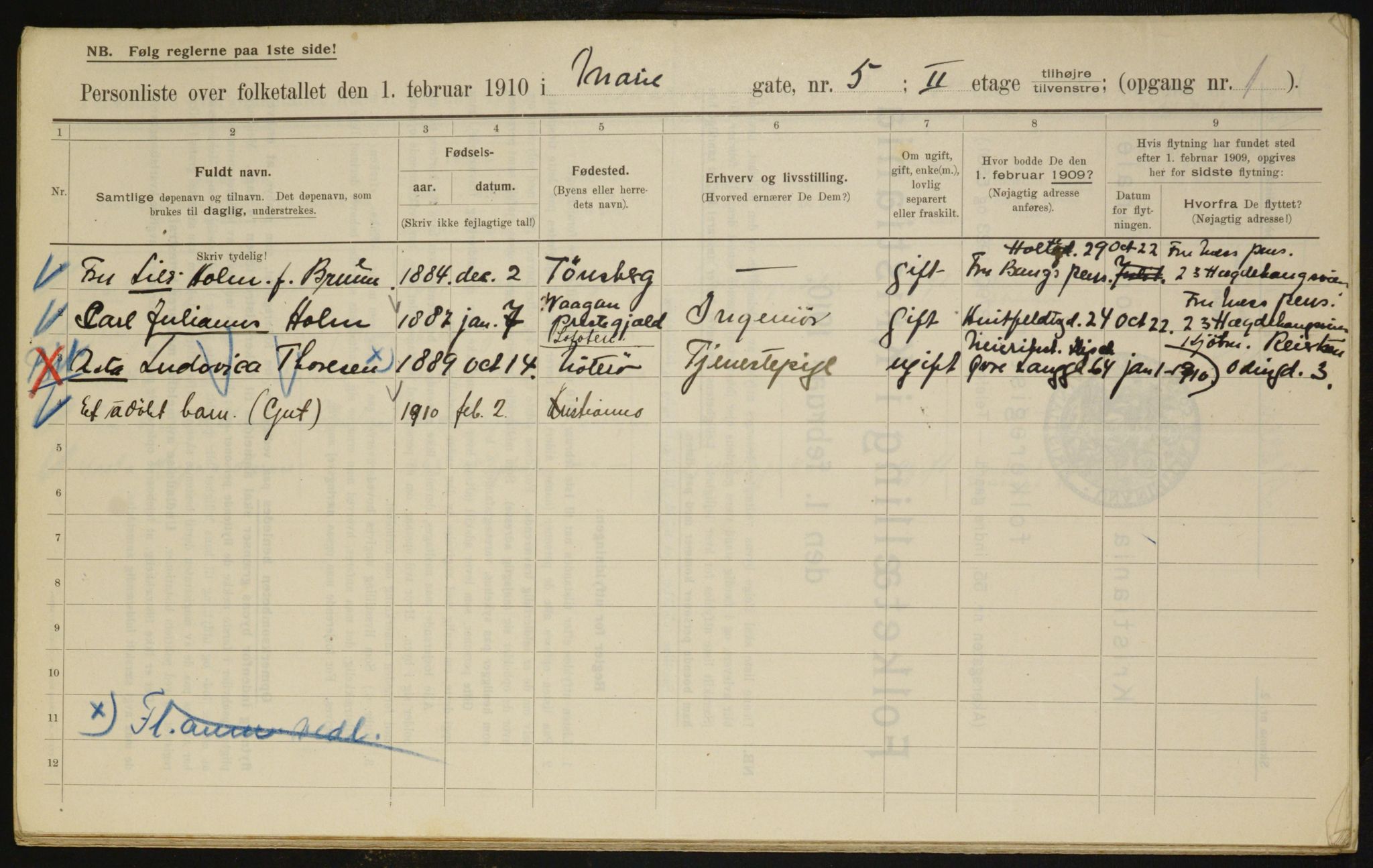 OBA, Municipal Census 1910 for Kristiania, 1910, p. 60738