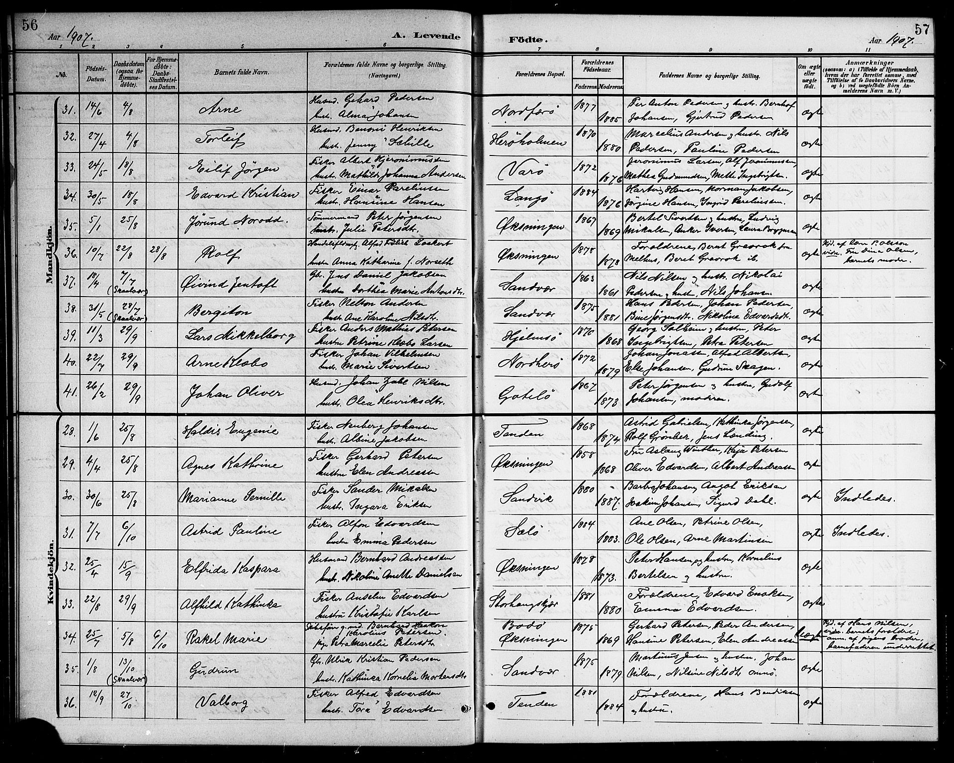 Ministerialprotokoller, klokkerbøker og fødselsregistre - Nordland, SAT/A-1459/834/L0516: Parish register (copy) no. 834C06, 1902-1918, p. 56-57