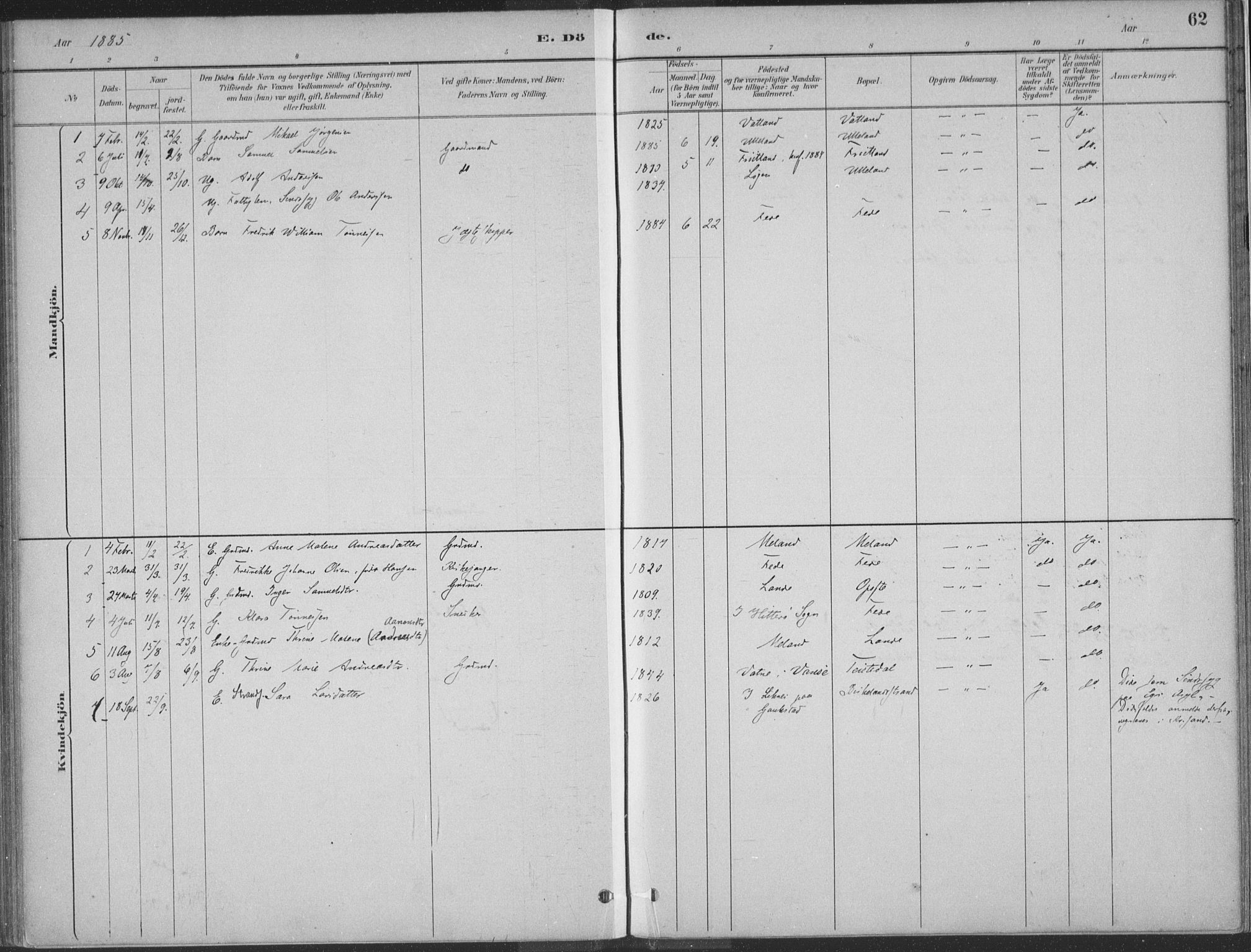 Kvinesdal sokneprestkontor, SAK/1111-0026/F/Fa/Faa/L0004: Parish register (official) no. A 4, 1882-1897, p. 62