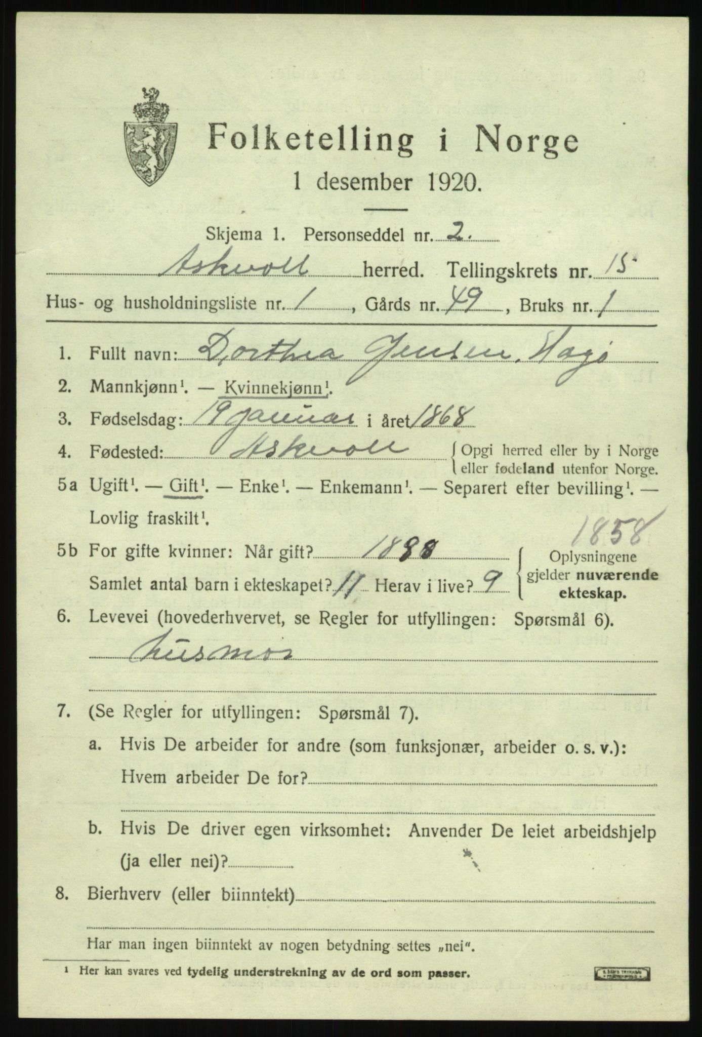 SAB, 1920 census for Askvoll, 1920, p. 5522