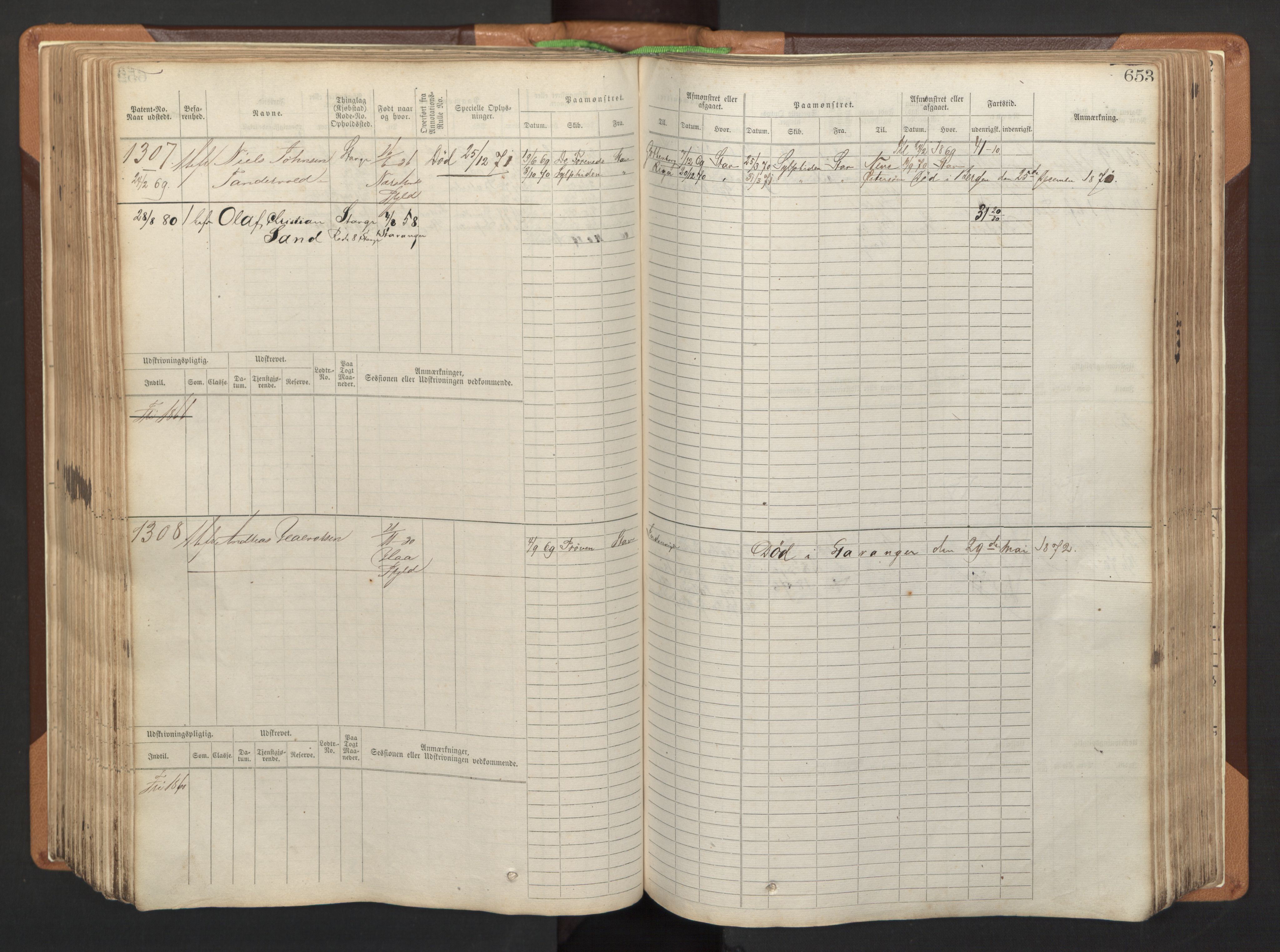 Stavanger sjømannskontor, AV/SAST-A-102006/F/Fb/Fbb/L0005: Sjøfartshovedrulle, patentnr. 793-1606 (del 2), 1869-1880, p. 263