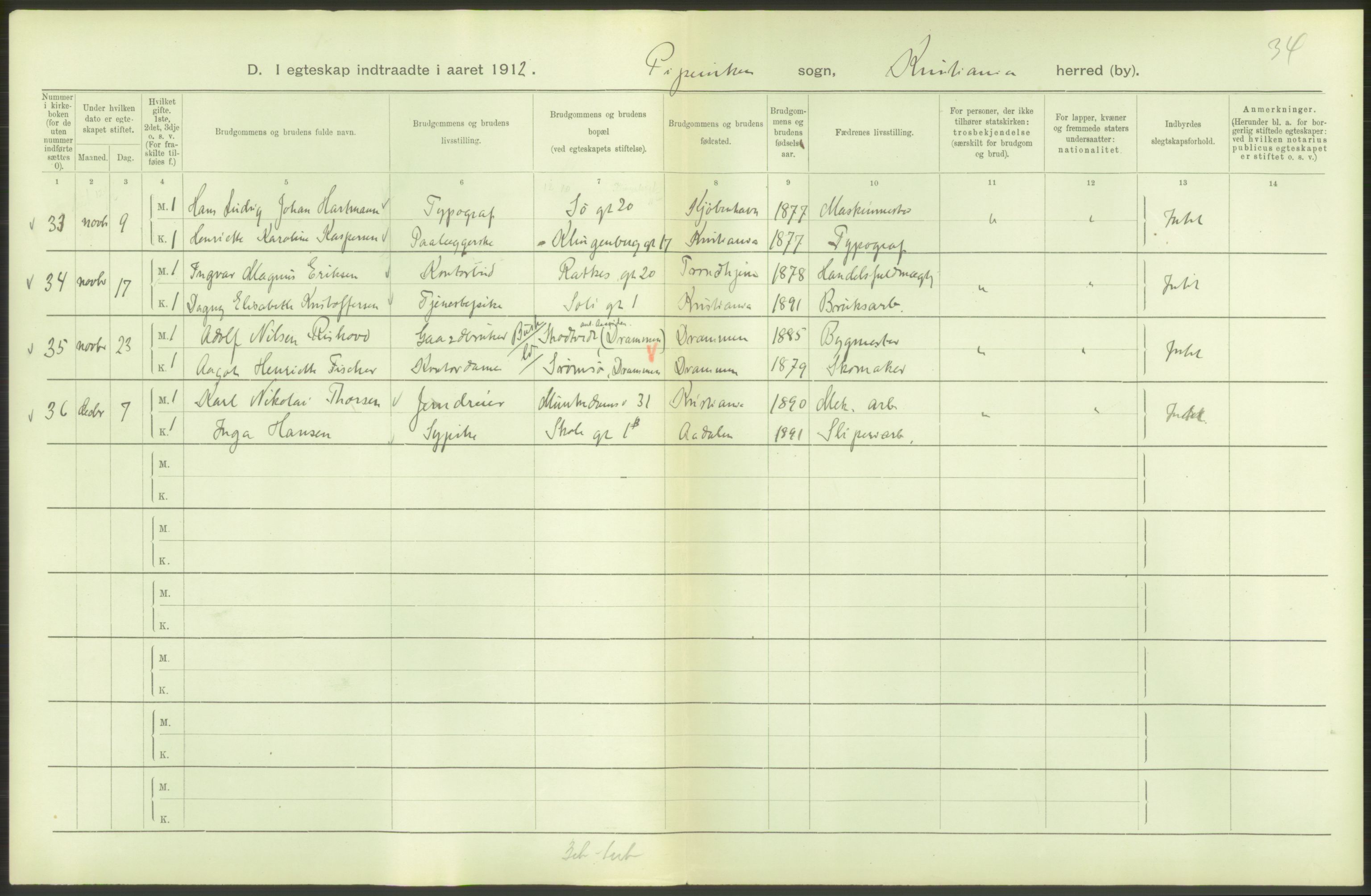 Statistisk sentralbyrå, Sosiodemografiske emner, Befolkning, AV/RA-S-2228/D/Df/Dfb/Dfbb/L0008: Kristiania: Gifte, 1912, p. 4