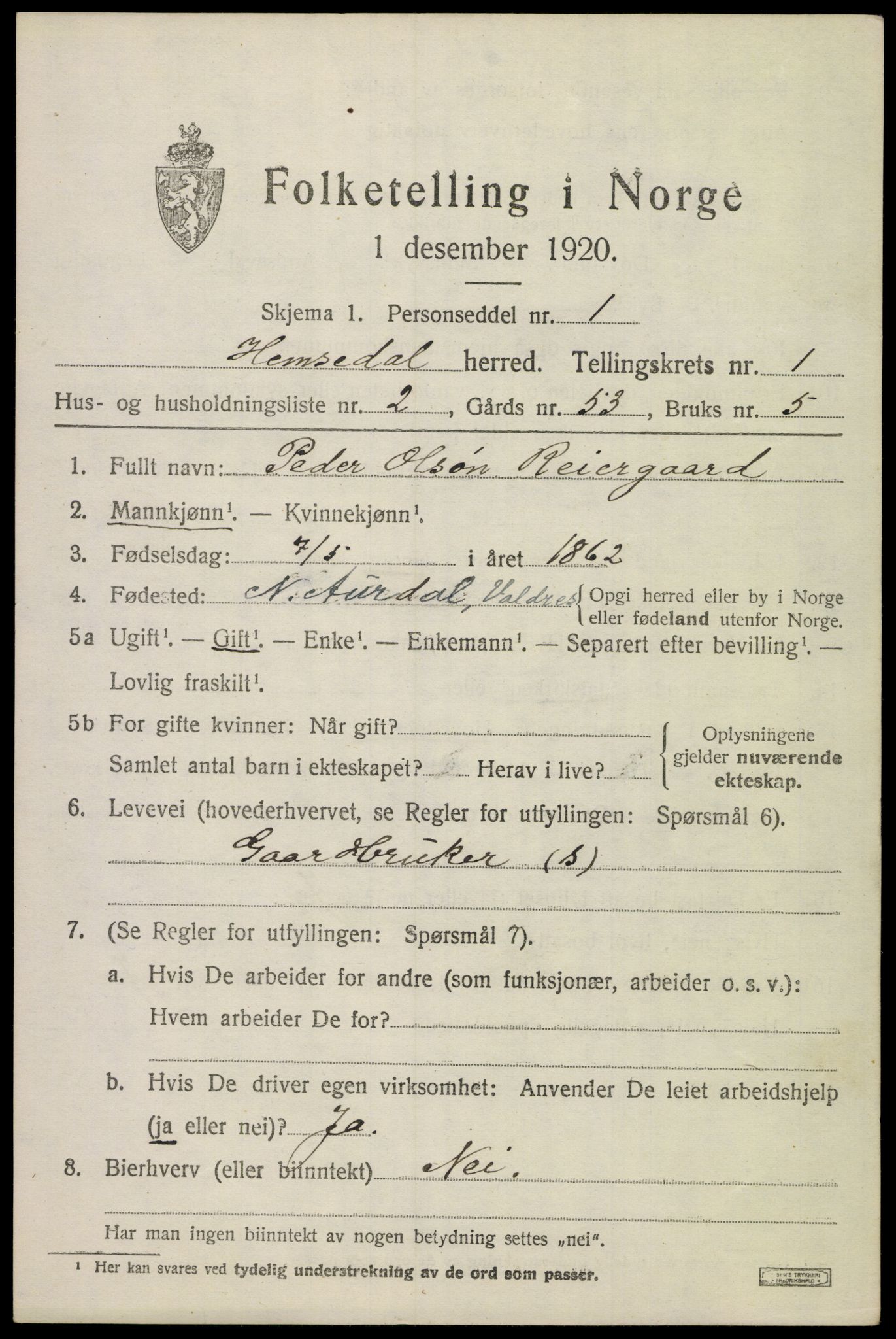 SAKO, 1920 census for Hemsedal, 1920, p. 550