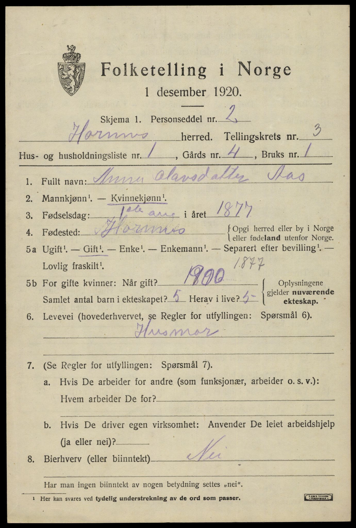 SAK, 1920 census for Hornnes, 1920, p. 805