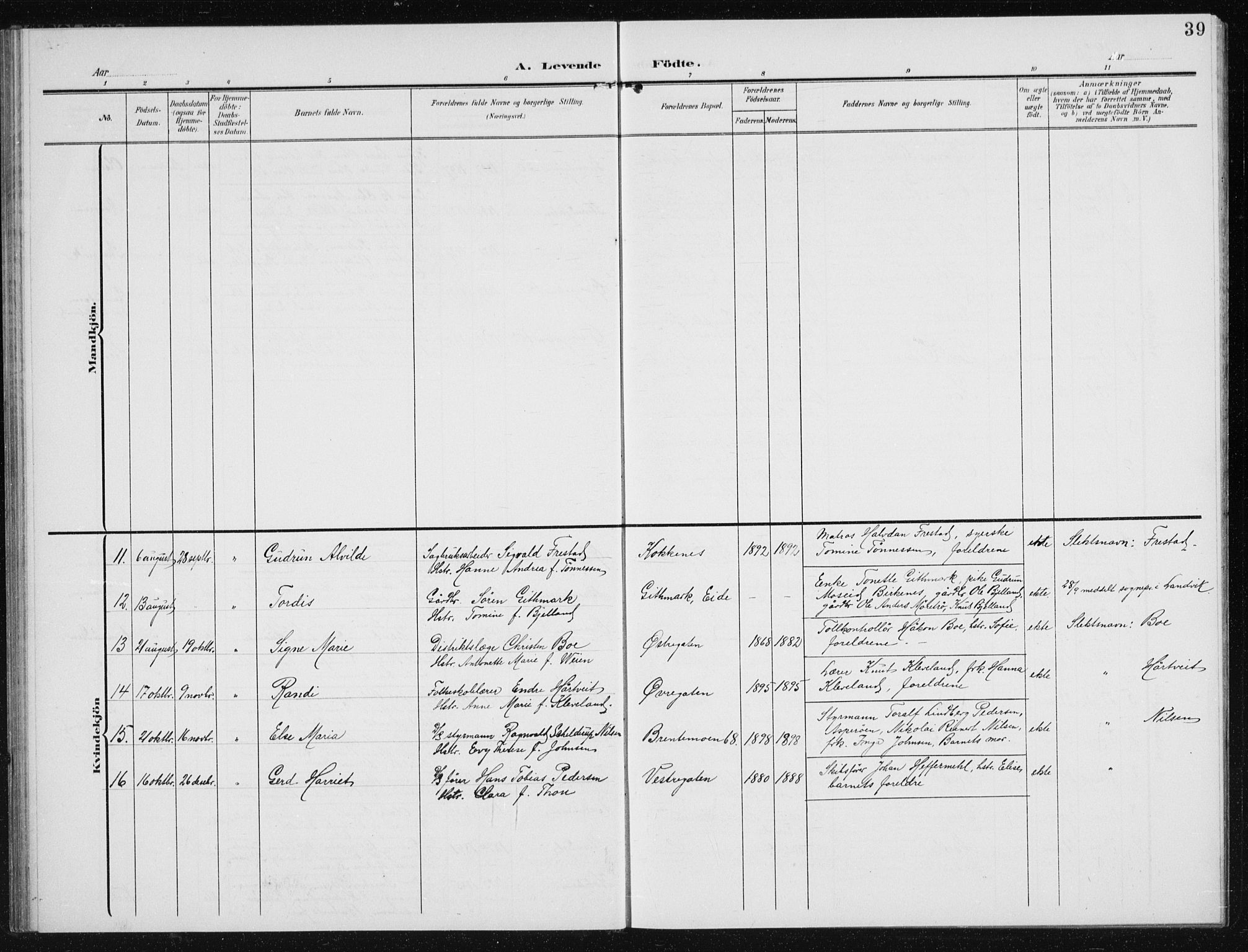 Vestre Moland sokneprestkontor, AV/SAK-1111-0046/F/Fb/Fba/L0002: Parish register (copy) no. B 2, 1904-1934, p. 39