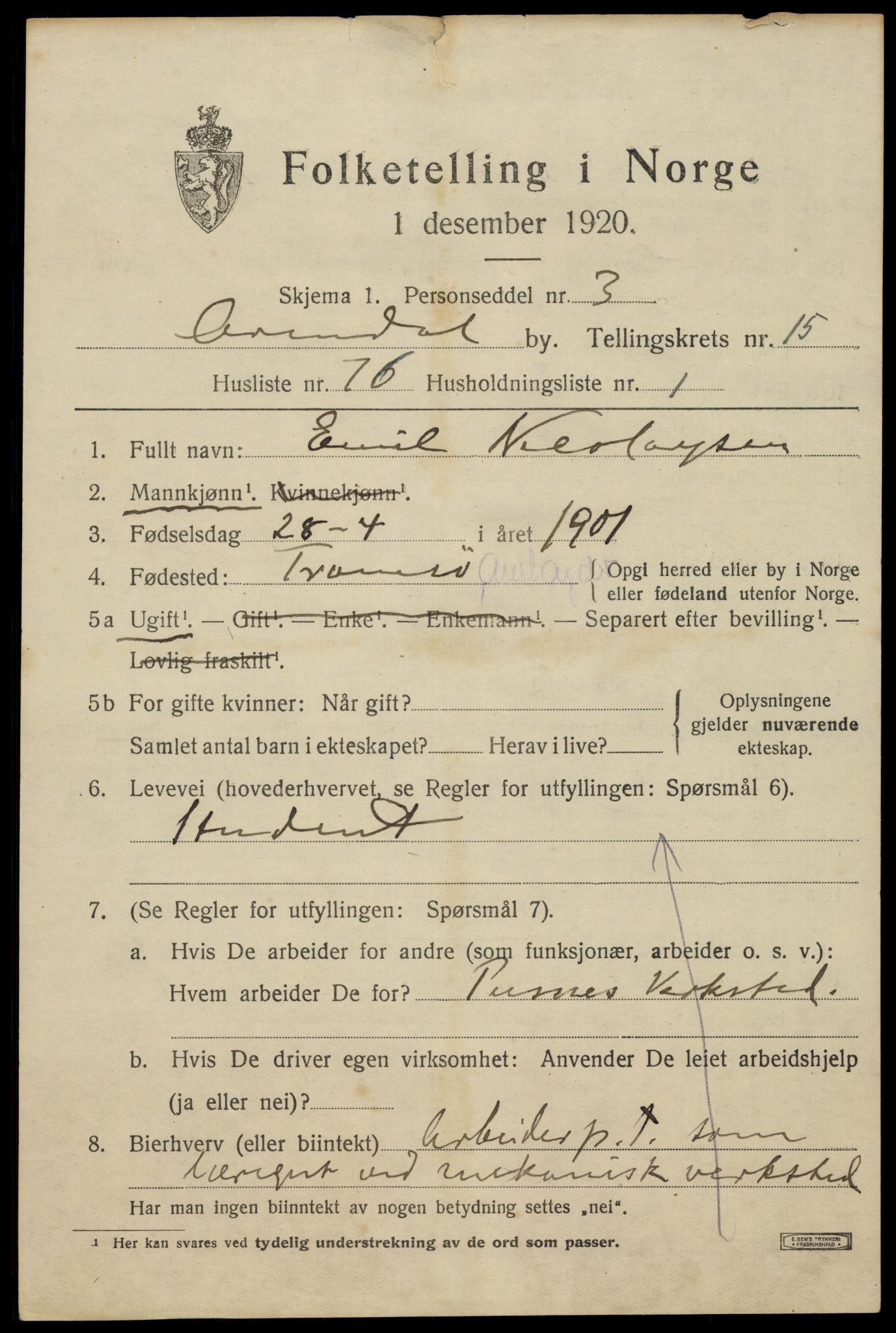 SAK, 1920 census for Arendal, 1920, p. 23306