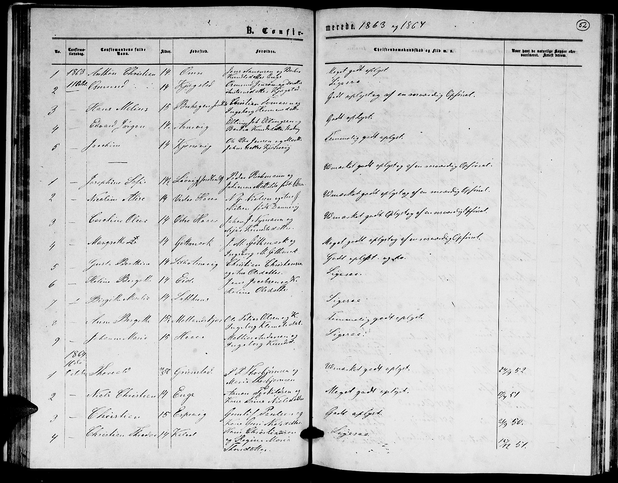 Hommedal sokneprestkontor, SAK/1111-0023/F/Fb/Fba/L0003: Parish register (copy) no. B 3, 1863-1884, p. 52