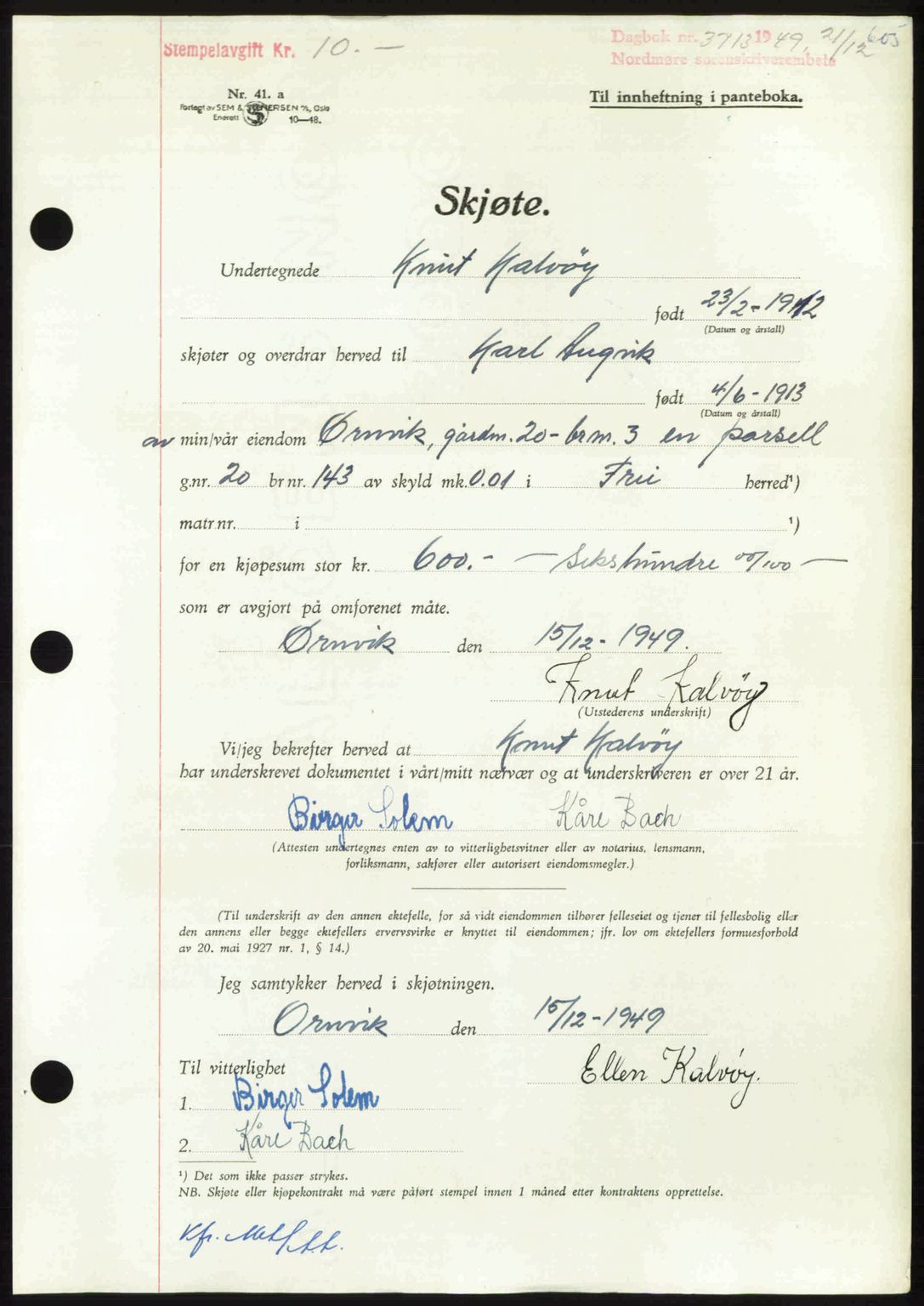 Nordmøre sorenskriveri, AV/SAT-A-4132/1/2/2Ca: Mortgage book no. A113, 1949-1950, Diary no: : 3713/1949