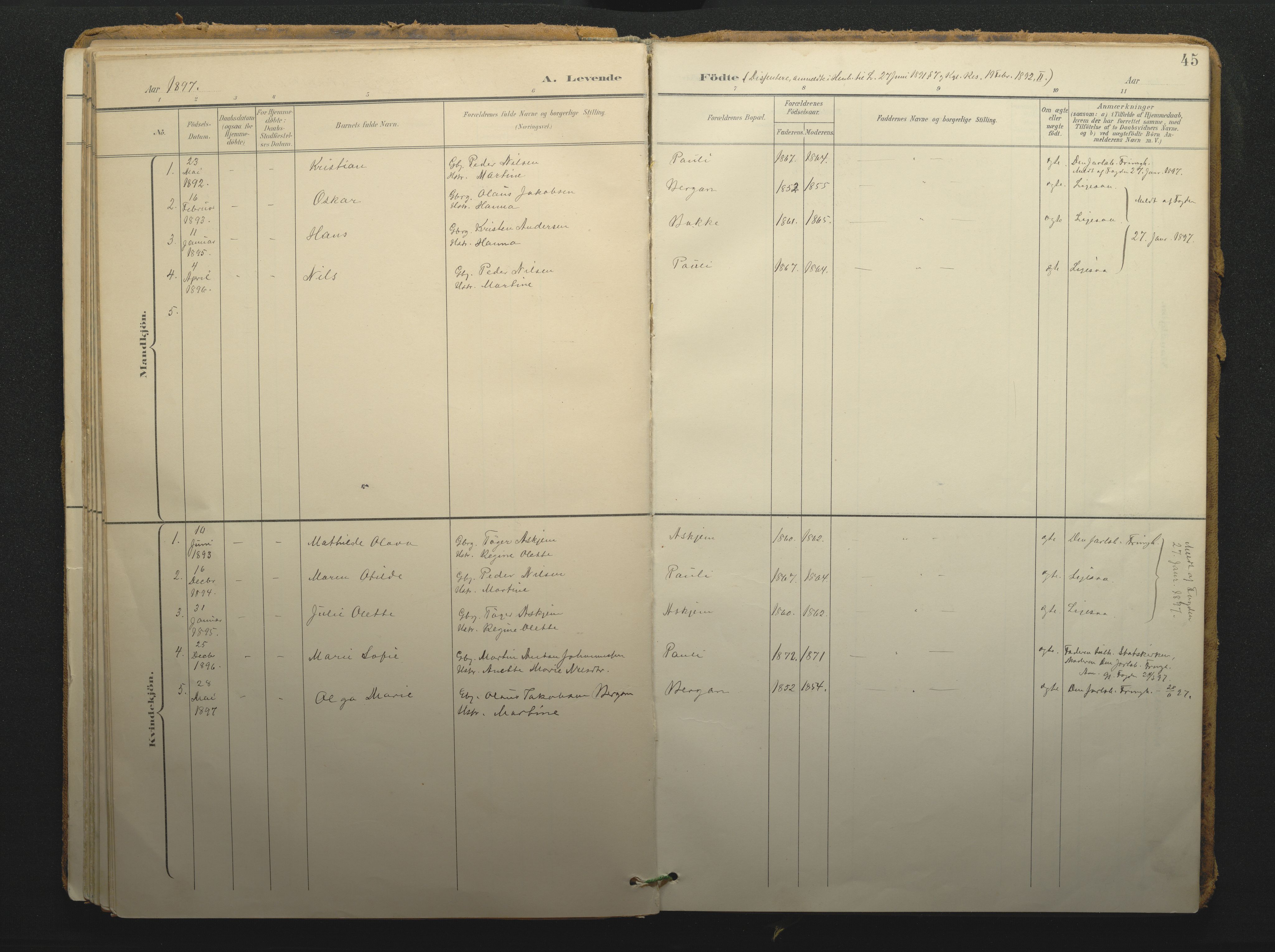 Borre kirkebøker, SAKO/A-338/F/Fc/L0003: Parish register (official) no. III 3, 1896-1919, p. 45