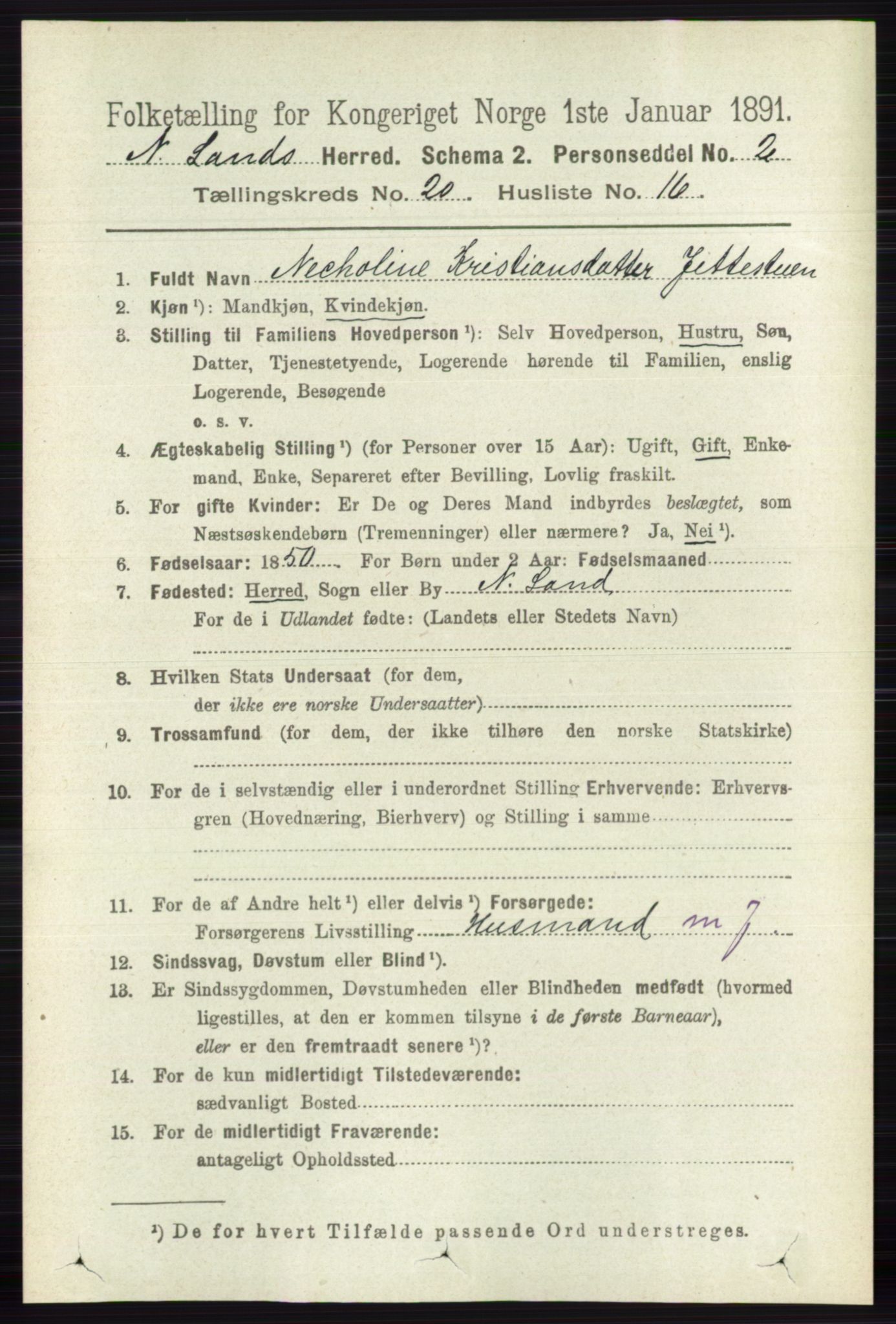 RA, 1891 census for 0538 Nordre Land, 1891, p. 4970